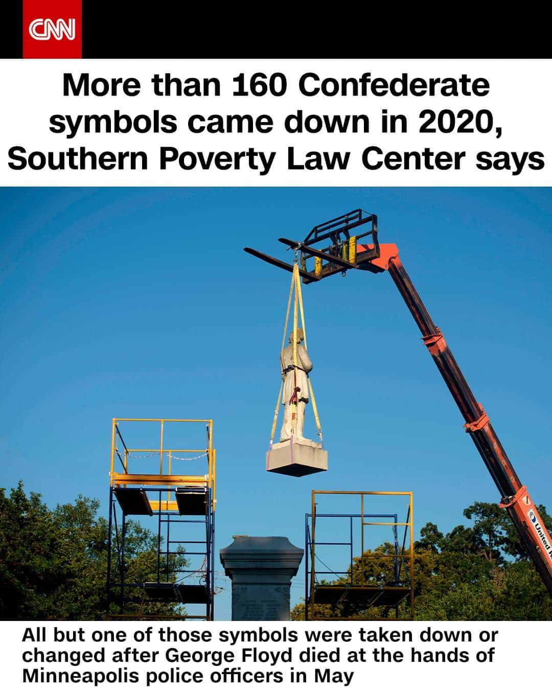 CNNさんのインスタグラム写真 - (CNNInstagram)「More than 160 Confederate symbols came down last year after the killing of George Floyd prompted a nationwide reckoning with racism. The number, which comes from the Southern Poverty Law Center, refers not only to statues, flags and monuments but also city seals, official state holidays, names of schools, streets and other public spaces. "Over the course of seven months, more symbols of hate were removed from public property than in the preceding four years combined," SPLC Chief of Staff Lecia Brooks said.⁠ Tap the link in our bio to learn more.⁠ ⁠ (📸: Mark Felix/AFP/Getty Images)⁠」2月28日 6時01分 - cnn