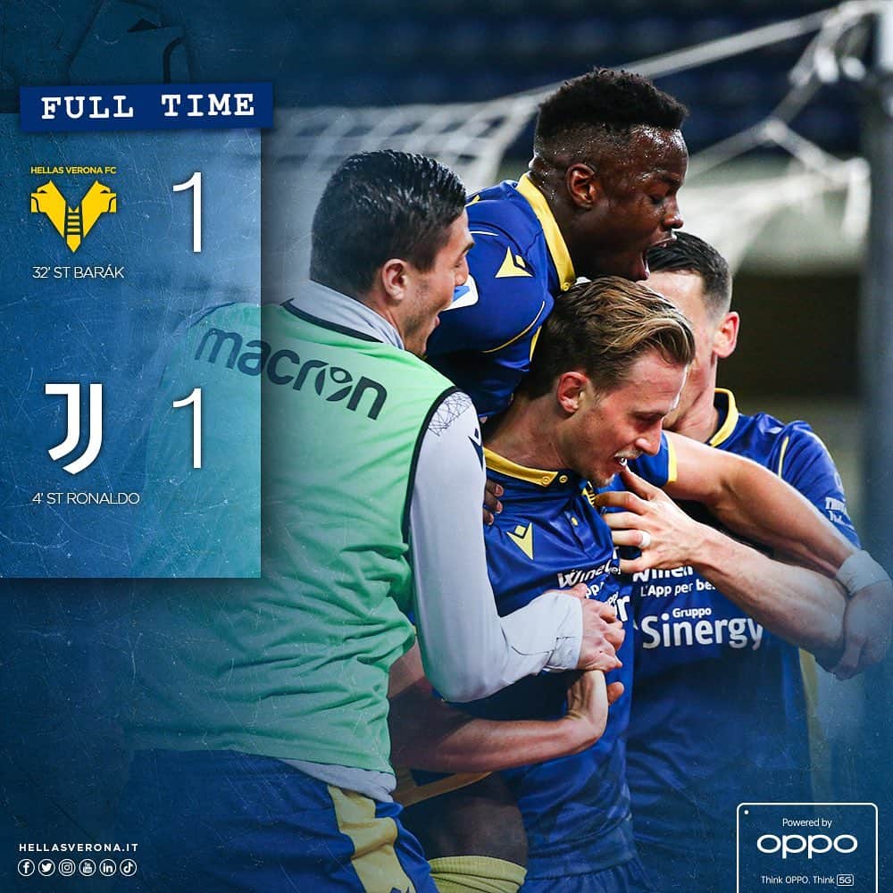 エラス・ヴェローナFCのインスタグラム：「𝙏𝙊𝙎𝙏𝙄𝙎𝙎𝙄𝙈𝙄 💛💙  Pari meritatissimo dei gialloblù, che sfiorano la vittoria con la traversa nel finale di #Lazovic 💪💪💪  #DaiVerona #VeronaJuve #SerieATIM #OltreILimitiConOppo」