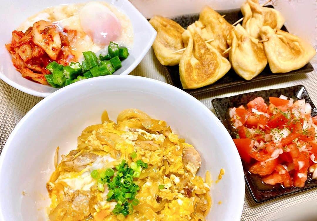 若松春奈のインスタグラム：「#キムチ納豆の厚揚げ #キムチオクラとろろ豆腐 #親子丼  #料理 #料理勉強中 #自炊 #自炊生活 #自炊女子 #自炊記録 #おうち時間#料理記録 #料理初心者 #自炊日記 #自炊ごはん #ご飯のお供 #ご飯好き #女優飯#女優#若松飯」