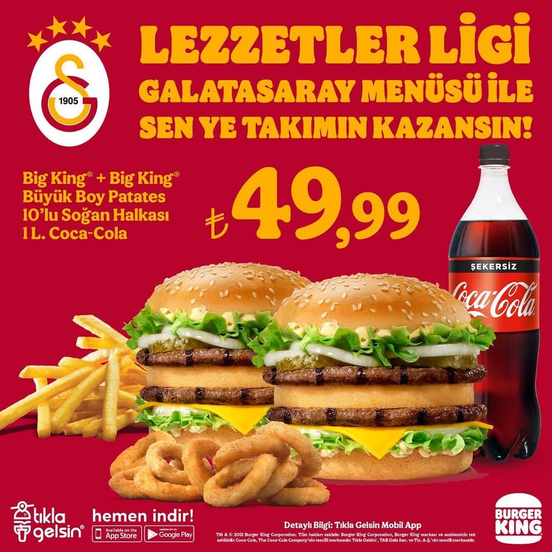ガラタサライSKさんのインスタグラム写真 - (ガラタサライSKInstagram)「Burger King®’le Galatasaray taraftarı takımına desteğe hazır!   Hemen yenilenen Tıkla Gelsin® uygulamasını indir, Burger King® Lezzetler Ligi Galatasaray Menüsü siparişini ver, takımına kazandır!   #tıklagelsin #LezzetlerLigi #takımınıateşle #senyeGSkazansın」2月27日 22時31分 - galatasaray