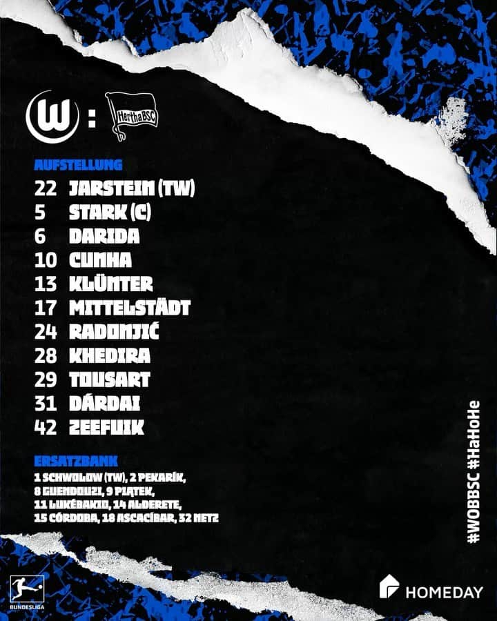 ヘルタ・ベルリンのインスタグラム：「Start-1️⃣1️⃣ für #WOBBSC! ⚡️➕ Ein weiterer Debütant... 👀 . . #GemeinsamHertha #HaHoHe #herthabsc」