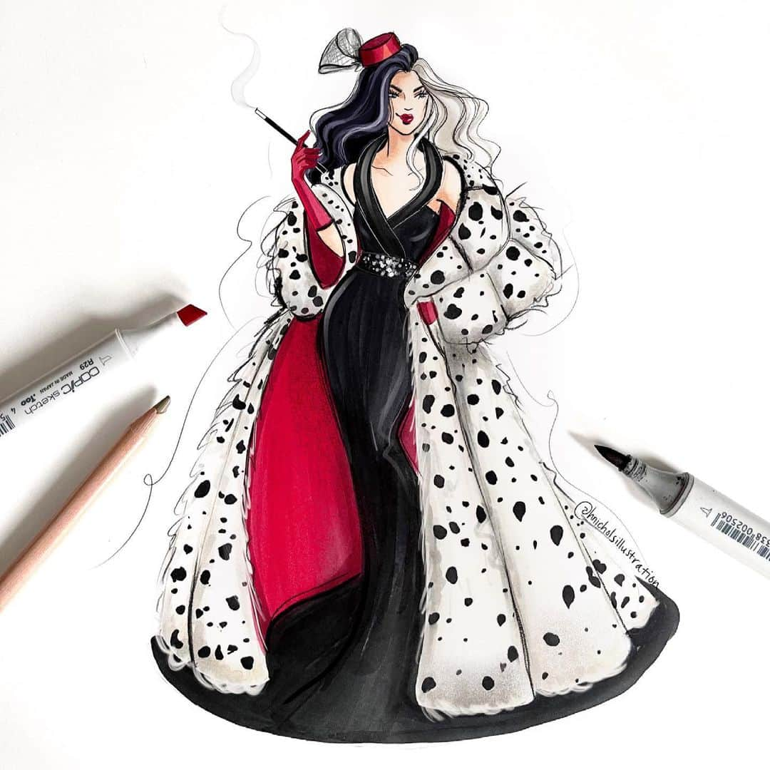 Holly Nicholsさんのインスタグラム写真 - (Holly NicholsInstagram)「2 Cruel 4 U (in faux fur of course 🥰)🤍🐾 🖤 watch her come to life in my stories/highlights! sketched with @copic_official_us  #fashionillustration #cruella #cruelladevil #disneyart #101dalmatians #copicmarkers #copic #characterdesign #illustration #emmastone #disneycruella」2月27日 22時51分 - hnicholsillustration