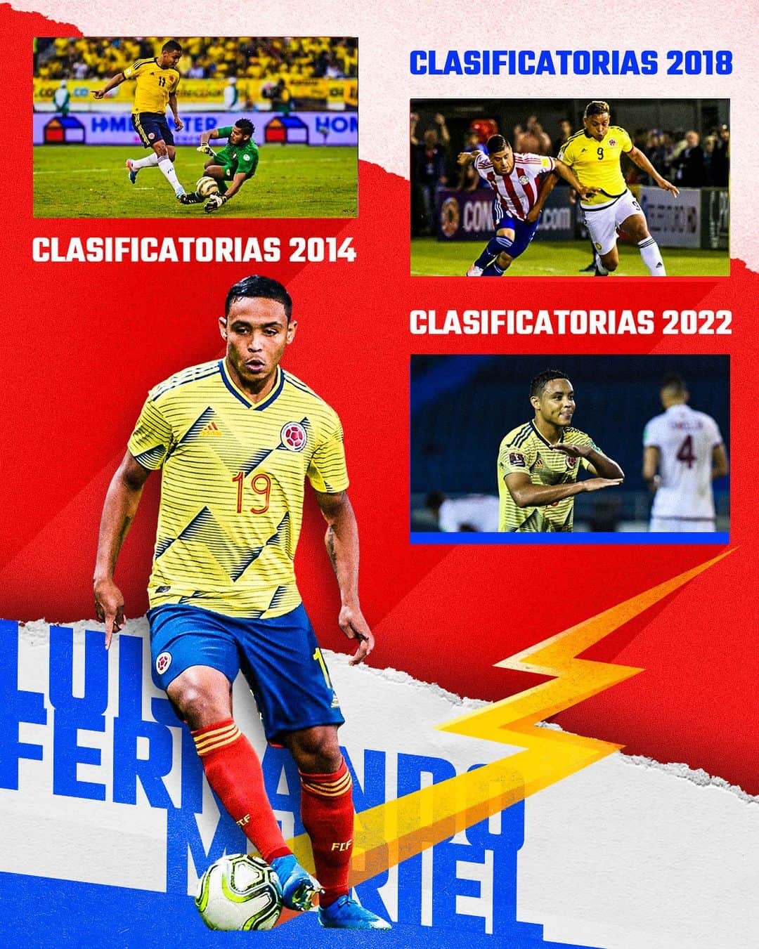 サッカー コロンビア代表チームのインスタグラム：「¡3 clasificatorias para @luisfmuriel9 !  Nuestro delantero ha participado en las clasificatorias para las Copas Mundiales de la FIFA de Brasil, Rusia y Catar 🏆  🔝✅」