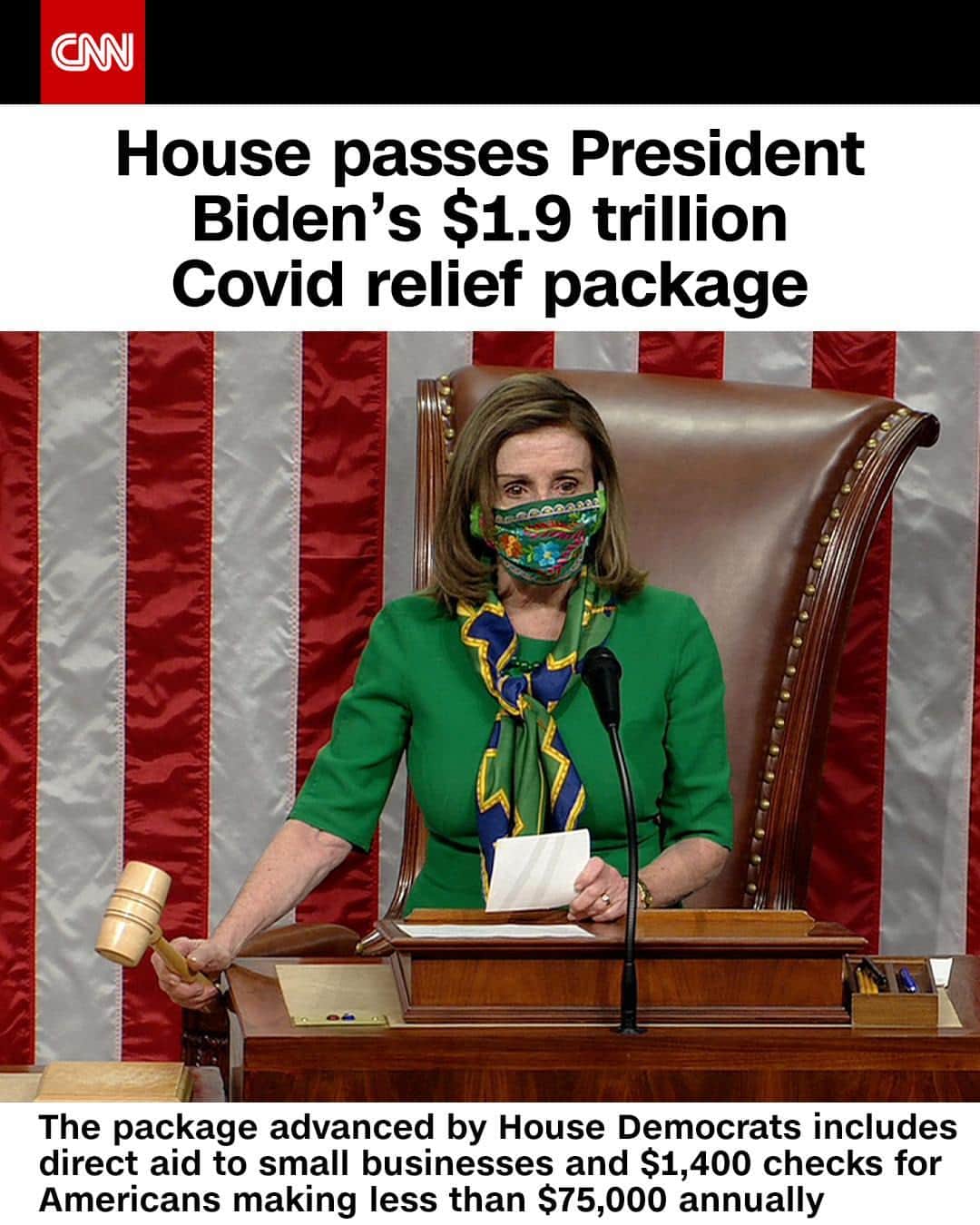 CNNさんのインスタグラム写真 - (CNNInstagram)「The House of Representatives voted early Saturday morning to approve President Joe Biden's $1.9 trillion pandemic aid package, a major step toward enacting the first legislative priority of the new administration as the devastating fallout from the spread of Covid-19 has left Americans in dire need of further relief. The final vote tally was 219-212. Two Democrats broke ranks and voted against the bill: Kurt Schrader of Oregon and Jared Golden of Maine. The bill did not pass with bipartisan support as no Republicans voted for it. Now that the bill has passed the House it will go to the Senate. Tap the link in our bio to learn more.⁠ ⁠ (📸: House TV)」2月27日 23時20分 - cnn