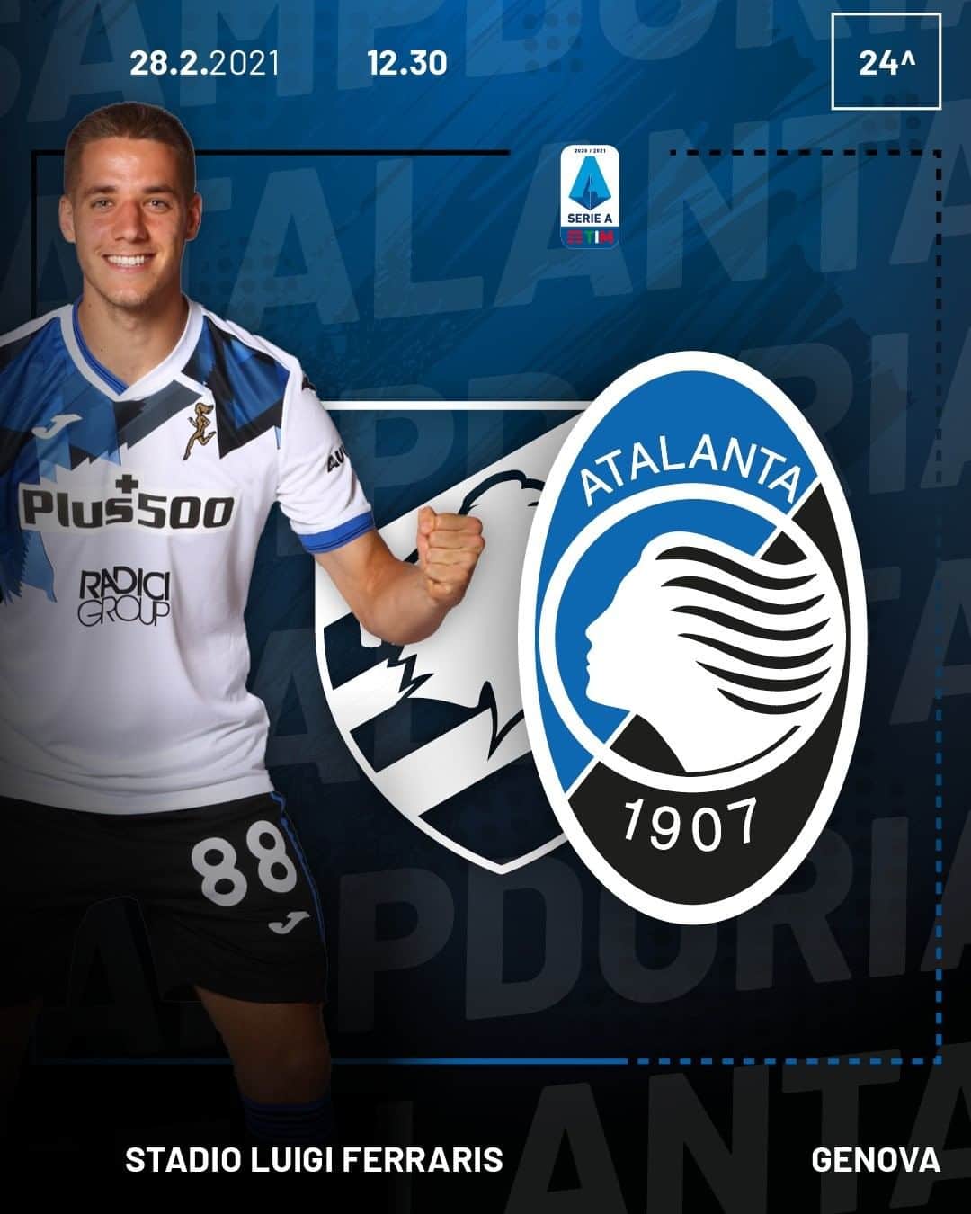 アタランタBCのインスタグラム：「Trasferta blucerchiata! 💪🏼⚽️ We end the month in Genova! ⠀ 🇮🇹 @seriea - 24ª giornata 🆚 @sampdoria 🏟 Stadio Luigi Ferraris ⌚️ 28.02.2021 - 12.30 CET 📲 #SampAtalanta  #GoAtalantaGo ⚫️🔵 #ForzaAtalanta」