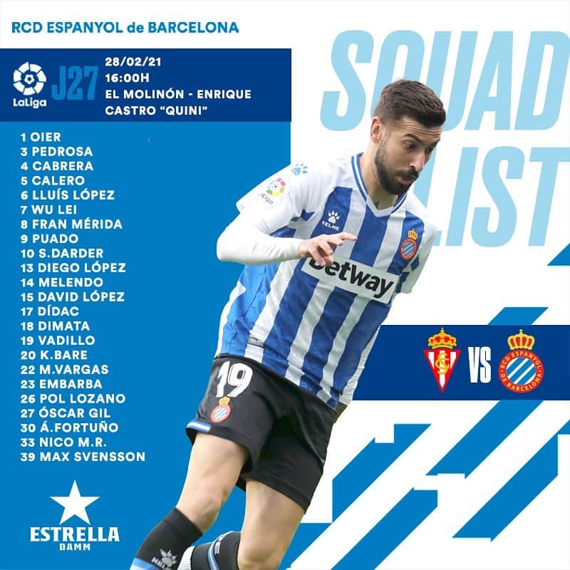 RCDエスパニョールのインスタグラム：「📋 Llista de convocats 🆚 @realsporting 📋 Lista de convocados 🆚 Real Sporting 📋 Squad list 🆚 Real Sporting 📋 大名单 🆚 希洪竞技 #RCDE | #RealSportingEspanyol」