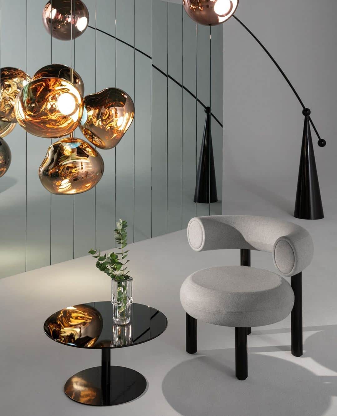 のインスタグラム：「FAT: a really comfortable series of body hugging furniture.⁠ Available as a dining chair, bar stool and lounge chair.⁠ ⁠ Featuring Tom Dixon's FAT chair with FLASH table and MELT lights.」