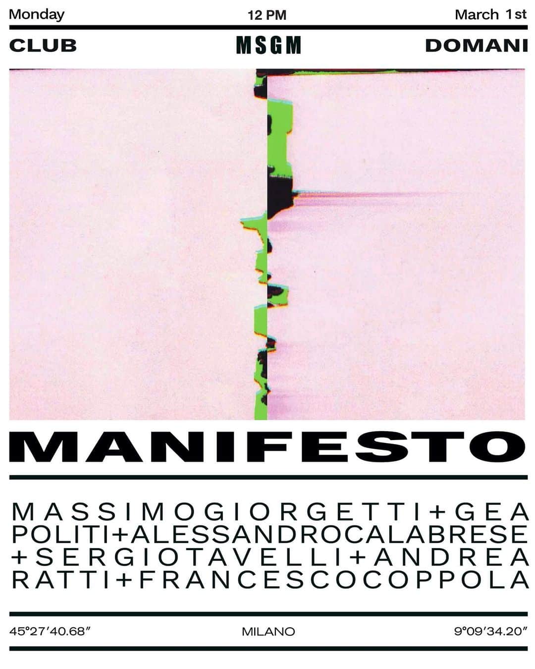エムエスジーエムのインスタグラム：「MANIFESTO, our Women’s Fall/Winter 2021 video release.  MASSIMOGIORGETTI + GEAPOLITI + ALESSANDROCALABRESE + SERGIOTAVELLI + ANDREARATTI + FRANCESCOCOPPOLA  MONDAY, MARCH 1st, 12pm CET — STREAMING LIVE ON INSTAGRAM AND AT MSGM.IT #MSGMFW21 @MassimoGiorgetti」
