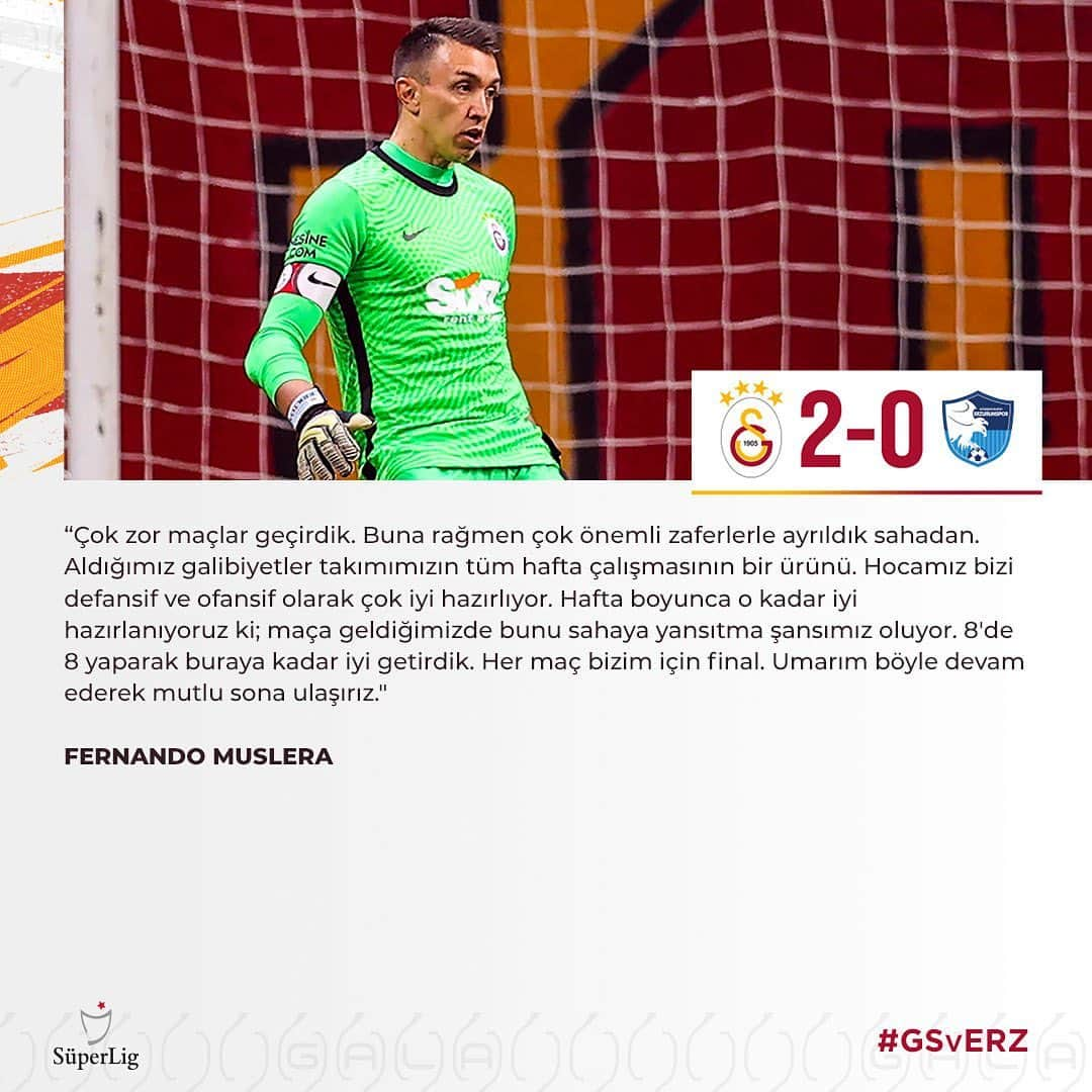 ガラタサライSKさんのインスタグラム写真 - (ガラタサライSKInstagram)「Kaptanımız Fernando Muslera, Süper Lig'de BB Erzurumspor'u 2-0 yendiğimiz karşılaşmanın ardından açıklamalarda bulundu.  Süper Lig'de Galatasaray formasıyla 300. lig maçına çıkan ve maç öncesinde teknik direktörümüz Fatih Terim'den plaket alan Muslera, "Çok mutluyum. 10 senedir kendimi evimde gibi hissettiğim bir kulüpteyim. Burada birçok maç oynadım, başarılar kazandım, şampiyonluklar kazandım. Umarım şampiyonluklar ve kupalar kazanmaya devam ederim. İnanılmaz bir duygu. Bana onur ve gurur veren bir duygu. Diğer taraftan Fatih hocamın bendeki yeri her zaman bambaşkadır. 2011 yılında bana güvenip beni bu kulübe getiren insandır Fatih Terim. 300 maç oynadım ve bugün bunun ödülünü Fatih hocamın elinden aldım. Bu yüzden bu ödül benim için daha değerli oldu. Aileme de çok teşekkür ediyorum. Bu 300 maçta, 10 sezonda bana destek vererek bugünlere gelmemi sağladılar. Galatasaray gibi büyük bir camiada böyle bir başarıya ulaştığım için çok mutluyum." diye konuştu.  Sekiz maçlık kazanma serisiyle yakaladığımız büyük çıkışın hafta içi yaptığımız kusursuz hazırlıklar sonucu geldiğini ifade eden Uruguaylı kalecimiz, "Çok önemli bir başarı. Çok zor maçlar geçirdik. Buna rağmen çok önemli zaferlerle ayrıldık sahadan. Aldığımız galibiyetler takımımızın tüm hafta çalışmasının bir ürünü. Hocamız bizi defansif ve ofansif olarak çok iyi hazırlıyor. Hafta boyunca o kadar iyi hazırlanıyoruz ki; maça geldiğimizde bunu sahaya yansıtma şansımız oluyor. 8'de 8 yaparak buraya kadar iyi getirdik. Her maç bizim için final. Umarım böyle devam ederek mutlu sona ulaşırız." değerlendirmesini yaptı.  Futbolu Galatasaray'da bırakıp bırakmayacağı sorulan Nando, "Galatasaray benim için çok önemli bir camia. Benim evim. Şu ana kadar beraber çok iyi işler başardık. Bundan sonra da başarmaya devam edeceğiz bence. Galatasaray'da futbolu bırakmak benim için çok büyük gurur ve onur olur. Profesyonel kariyerime baktığınızda hemen hemen tüm kariyerimi Galatasaray'da geçirdim. Bu karşılıklı konuşulup halledilebilecek bir şey bence." yanıtını verdi.」2月28日 3時43分 - galatasaray