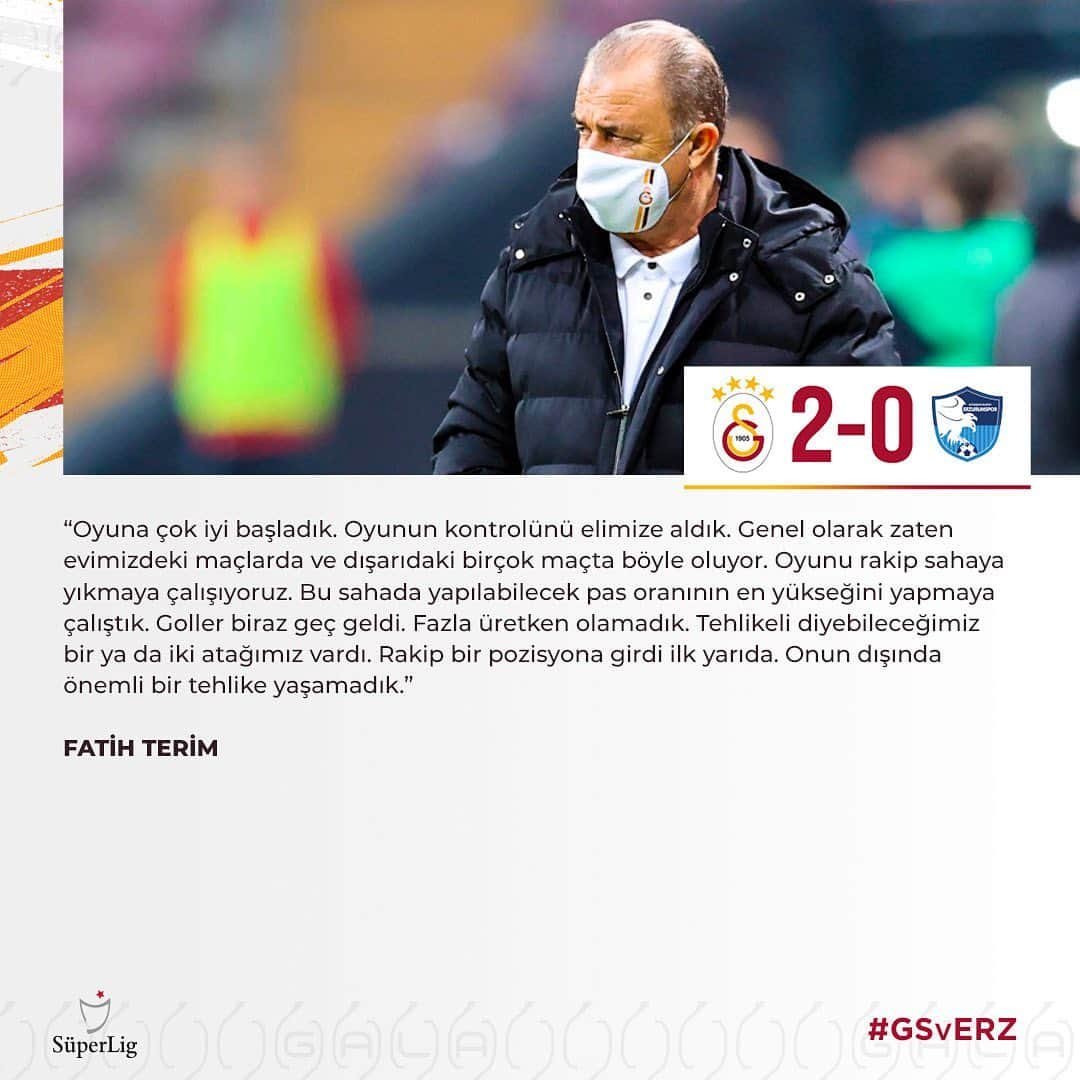 ガラタサライSKさんのインスタグラム写真 - (ガラタサライSKInstagram)「Teknik direktörümüz Fatih Terim, Süper Lig'de BB Erzurumspor'u 2-0 yendiğimiz karşılaşmanın ardından açıklamalarda bulundu.  Maçı değerlendiren hocamız, "Oyuna çok iyi başladık. Oyunun kontrolünü elimize aldık. Genel olarak zaten evimizdeki maçlarda ve dışarıdaki birçok maçta böyle oluyor. Oyunu rakip sahaya yıkmaya çalışıyoruz. Bu sahada yapılabilecek pas oranının en yükseğini yapmaya çalıştık. Goller biraz geç geldi. Fazla üretken olamadık. Tehlikeli diyebileceğimiz bir ya da iki atağımız vardı. Rakip bir pozisyona girdi ilk yarıda. Onun dışında önemli bir tehlike yaşamadık. İkinci yarı beklediğimiz gibi geçti; ancak istediğimizden fazla pozisyon verdik. Onları vermemeliydik. Onların herhangi birisinin gol olması bizi sıkıntıya sokabilirdi. Oyun anlayışımızda bizim için en büyük sıkıntı rakibin geçiş hücumları. Geçişi savunmak zordur. Bu zorluğu biz göz önüne her zaman alıyoruz. Baskılı oynuyoruz. Çok adamla rakip sahada olmak istiyoruz. Dolayısıyla kontraatak dediğimiz, hızlı geçiş hücumlarını da görüyoruz. Bu riski göze alacağız. Bu hücumları savunmak zordur. Zaman zaman bunları yaşayacağız. Güzel bir mücadele ve maç oldu. Kazandığımız için mutluyum. Oyuncularımı kutluyorum. Erzurumspor'a başarılar diliyorum. Devam ediyoruz." ifadelerini kullandı.   Yeni transferlerin performansından memnun kaldığını dile getiren teknik direktörümüz Fatih Terim, "Bugün Feghouli'yi oyuna sokamadım. 15 veya 20 dakika onu oynatabilirdim. Esasında oynatmak biraz riskti. Aynı bölgeden bir sakatlık daha yaşamasın diye tercih etmedim. Falcao'yu gördük. Yavaş yavaş hazırlandı. Bize katkı sağlayacaktır. Yeni transferlerimizden memnunuz. Her gün daha da alışacaklar ve adapte olacaklar. Şu bir gerçek ki ocak ayında gelip çok kısa sürede verdikleri pozitif katkı, hakikaten takdire şayan. Doğru seçim olduğu için mutluyum. Şu an öyle görünüyor. Bundan dolayı hem ekibimizi doğru seçim yaptığı için hem de kulübümüzü bu transferleri gerçekleştirdiği için kutluyorum." diyerek sözlerini noktaladı.」2月28日 3時59分 - galatasaray