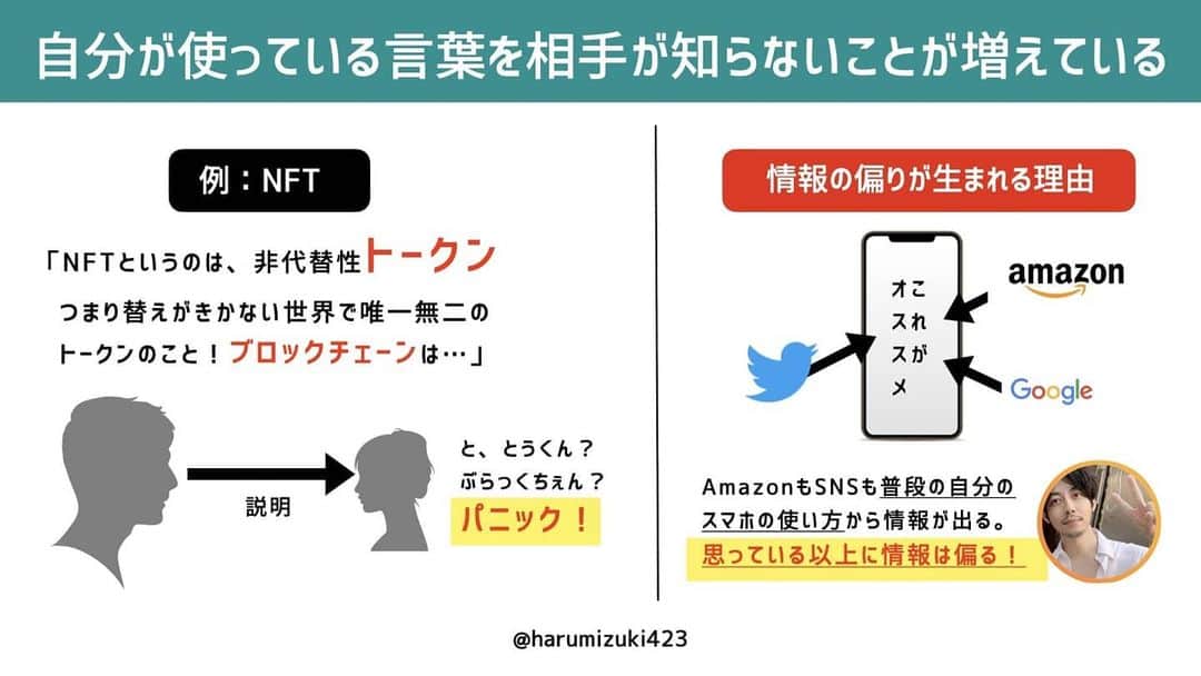 西野亮廣さんのインスタグラム写真 - (西野亮廣Instagram)「オンラインサロンで、今、話題の「NFT」について、おそらく日本で一番分かりやすく解説させていただきました。  ツイッターの創業者のツイートがNFTで約３億円で落札されたことが大きな話題となりましたが、このニュースを見た多くの方が「なんで、ツイートが売れるの？」という疑問を持ったと思うんですね。 「そんなことよりも、NFTって何！？」って。  現時点で、「NFTのことを知らない」ということは、おそらくブロックチェーンが、そもそもどういった技術なのかもあまり分かっていない。  となると、NFTの説明の中に「ブロックチェーン」というワードが入ってきたら、もうパニックです。  NFTを説明する人は、「NFTというのは非代替性トークン…つまり、替えが効かないトークンのことです」と言うんですけど……違うんです。  「トークン」が分からないんです！！  この問題は、「トークンの意味が分かっていない」ということを分かっていない、ということです。  ここが今日の本題です。  「『自分が使っている言葉を相手が知らない』ということが増えていますよ」というお話しです。  さて。  スマホの中に入っている情報って、自分の生活の活動に最適化するじゃないですか？  Amazonなんて、オススメ商品が出てきますよね？  過去の購入データが記録されて、「同じ商品を買った人が、他にどんな商品を買っているか？」を割り出され、そこから「あなたはこの商品が好きだろう」が判断される。  それは、「あなたが持っている情報が引き込んだ情報」です。  SNSもそうですね。  たとえば「アンチ活動」をしている人の周りには、それに共鳴する「アンチ」が集まってきて、アンチが喜ぶ情報が身の回りに溢れてしてしまう。  その逆（熱烈なファン）もまた然りです。  こんな感じで、スマホに入っている情報は、個人の趣味趣向に偏ります。 そして、その情報は、思っている以上に偏っている。  『映画 えんとつ町のプペル』を公開する時に、リサーチチームが、「映画館に通っている人」を対象に調べてくださったのですが、当時、「映画館に通っている人」の中で『えんとつ町のプペル』を「知ってる・聞いたことがある」という人の割合は本当に低かったんです。  ザックリ言うと、「ほぼ、誰も知らない」というレベルでした。  僕達は事前にリサーチを入れて、「ほぼ、誰にも知られていない」という確認が取れたから、そのことを前提に打ち手を選べたのですが、普通に生きていたら「自分が扱っている言葉の認知度調査」なんてしないですよね？  だから僕らは、自分が扱っている言葉の認知度がよく分かっていない。  先日、「ブロックチェーンって何ですか？」という質問をいただきました。  「ブロックチェーンのことを詳しく聞かせてください」じゃなくて、「ブロックチェーンって何ですか？」なんです。  これまで一度も、「ブロックチェーン」という言葉を聞いたことがない人がいて、それがお爺ちゃんお婆ちゃんとかじゃなくて、２０代、３０代の人でも知らない人がいる。  それは、自分にも言えます。  僕は去年まで家にテレビがなかったので、テレビに出ているタレントさんのことを本当に知らないんですね。  これを言うと、「テレビ見てないアピールですか？」みたいに言う人っているんですけど……たしかに、テレビのお仕事をされている方の前でわざわざ「私、テレビ見ないんで」とか言う人はどうかと思うのですが……  僕の周りの人達は普通にテレビを見ていません。  なので、タレントさんのことを全然知らないんです。  スマホが情報源になる生活は、情報の分極化を加速させ、世界は僕らが思っている以上に分断されている。 同じ日本人でも、使う言語が全然違うんです。  この時、気をつけた方がいいのは、若手起業家さんだと思います。  まだ何者でもない若手起業家は大前提として「新しいこと」をしなくちゃいけない。  ですが、情報感度が高い人にだけ届けてもメジャーにはならない。  なので、情報感度が低い人にプレゼンしなきゃいけないのですが、その時、「取り扱っている言語がどれぐらい違うのか？」という自覚が低いと届かない。  昔みたいに、テレビが情報源だった時代は「若者言葉」とか「最近の流行を知ってる・知ってない」ぐらいの差で済んだのですが……  今は同じ日本人でも使っている言語がそもそも違うから、せっかく良いサービスなのに「アメリカ人に日本語でプレゼンしている」みたいな凡ミスが起きているので、ここは気をつけた方がイイと思います。  若手起業家は最初、自分が広告マンにならざるをえないので、仕事として、ちゃんと、いろんな層の人とコミュニケーションをとることが大事だと思います。  スナックに行かれることをオススメします。 スナックには、いろんな人がいるので(^o^)  【追伸】  オンラインサロン『西野亮廣エンタメ研究所』では、西野亮廣が手掛ける最新のエンタメビジネスに関する記事を毎日2000文字～3000文字投稿しております。興味がある方はInstagramのプロフィール欄から！」3月27日 15時34分 - japanesehandsome