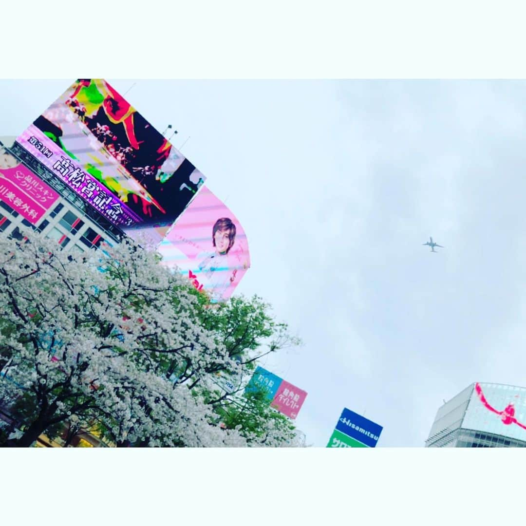 伊藤かずえさんのインスタグラム写真 - (伊藤かずえInstagram)「#桜 渋谷駅の桜🌸 ちょうど飛行機✈️も飛んでいました。 #渋谷 今日は曇り空だったけど、緊急事態宣誓後、急に人が増えたような気がする。私はマスクを2枚重ねて出かけました。」3月28日 23時45分 - kazue__itoh