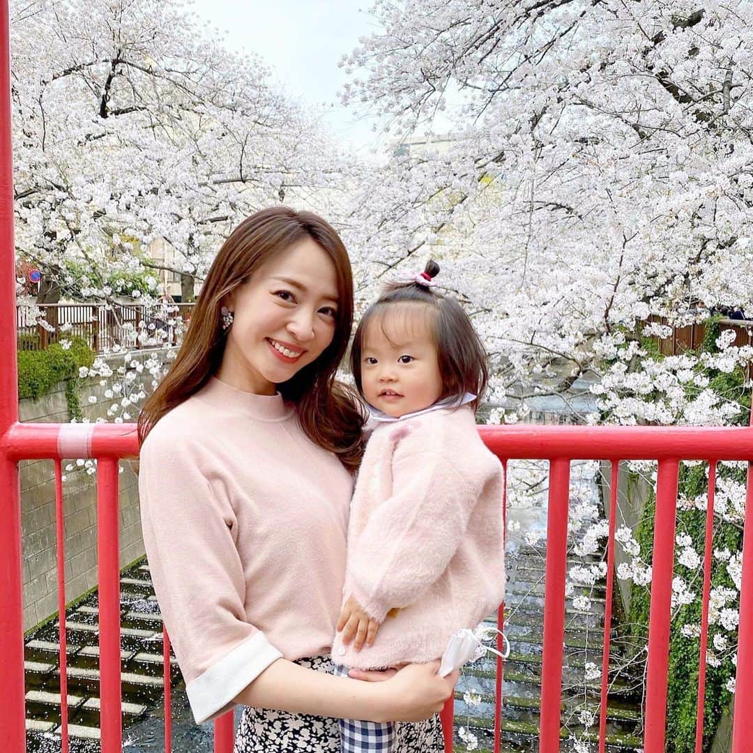 磯部奈央のインスタグラム：「🌸🌸🌸 . 家族3人で、やーっと桜を見に行けました😊 . ハッピーな気持ちになれる🌸 娘も喜んでくれたかな☺️ . . #花見 #桜 #目黒川」