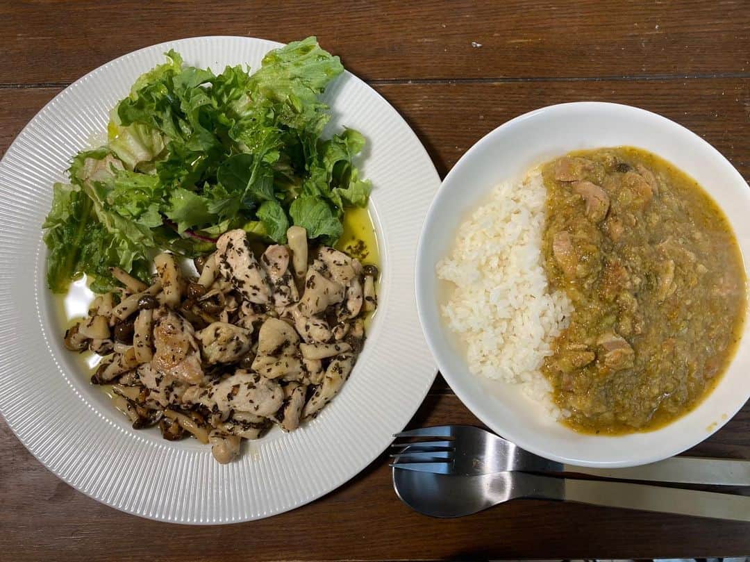 雪見ほのかのインスタグラム：「本日のブランチ 最近夜あまり食べないことが多くなってきたので、昼間のうちにエネルギーチャージ✨ チキンのバジル炒めにサラダ、野菜スープかけご飯💛 スープストックなくなったから今日また作らなきゃ！ サラダはシンプルに塩コショウとオリーブオイルが1番好き💛 なんのためにドレッシング作り置きしてるんだか💦 野菜スープの最後の一杯はいい具合にカレー並にとろみが出てます💛 今日はこれからUber配達員デビューするので、モリモリ食べて、がんがん走るぞ！！ …… …… #ブランチ #おうちごはん #手料理 #自炊 #サラダ #チキン #スープレシピ #たんぱく質 #ダイエット #glutenfree #グルテンフリー #ubereats #デビュー日 #デビュー #力飯」