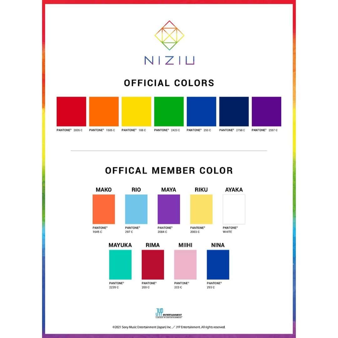 のインスタグラム：「ついにNiziU OFFICIAL COLORS ＆ OFFICIAL MEMBER COLORが決定🎉﻿ メンバーカラーともに、これからもNiziUの応援よろしくお願いいたします‼️ ﻿ https://niziu.com/s/n123/news/detail/10163﻿ ﻿ #NiziU #ニジュー #WithU ﻿ #NiziU_Official_Color」