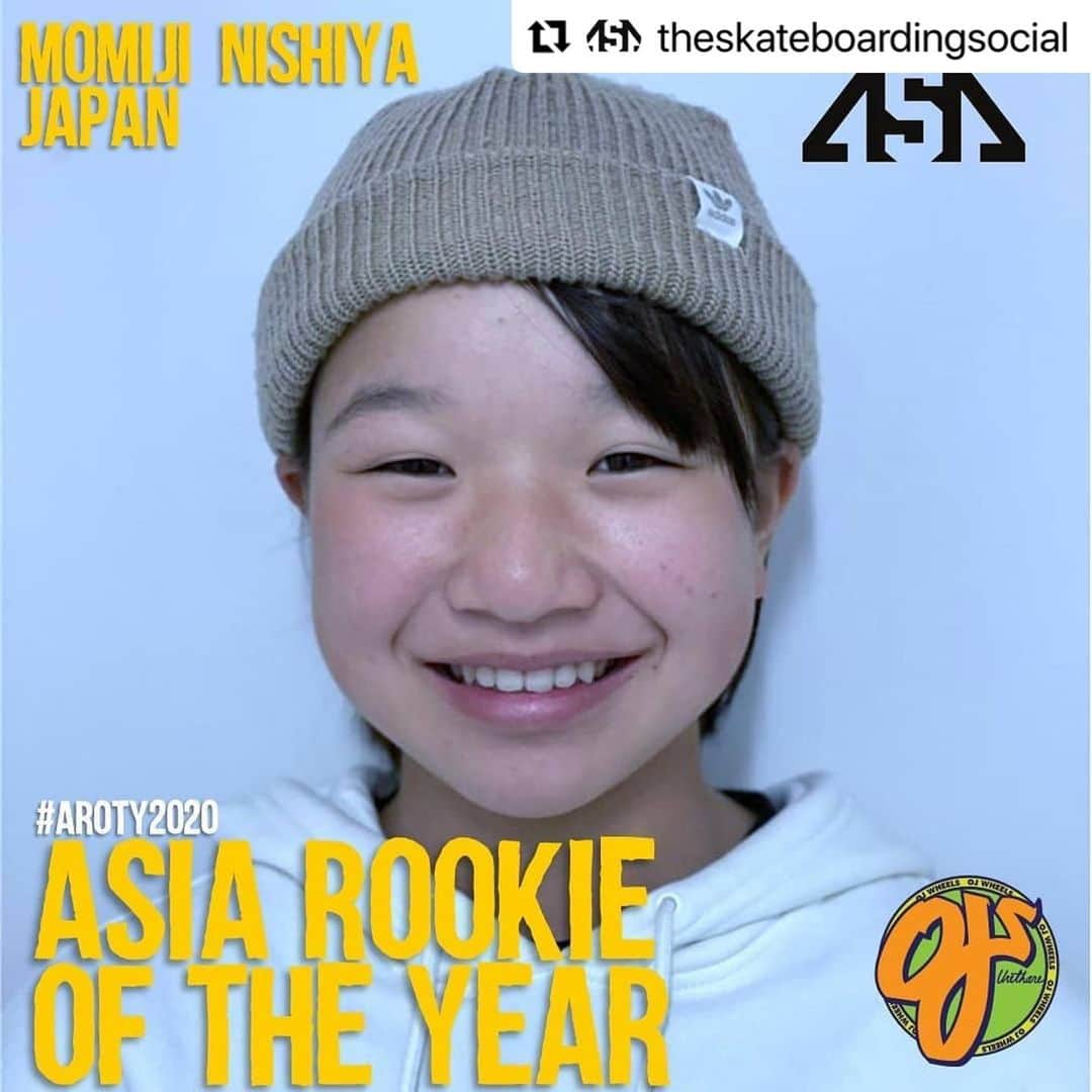 西矢椛のインスタグラム：「#Repost @theskateboardingsocial with @make_repost ・・・ 15-20 years ago skaters from Asia at the age of 18 and below wouldn't really have too many achievements under their belts but today the status quo has definitely changed.  Teenagers can easily level with the grown ups at the gnarliest spots these days and wake up the next day to do it all over again!  The search for the @ojwheels Women's 2020 Asia Rookie Of The Year definitely brought out some new fan favorites but when the votes came in it was the 13-year old from Matsubara, Japan who blew us away! Congratulations @momiji_nishiya830! 🇯🇵   #AsiaSkateAwards2020 #AROTY2020 #OJwheels  Sponsors : @ridersfact_nanba @murasakisports_official @protec @elementjapan @independenttrucks @boneswheels  I’m so happy!! Thank you so so much 😆😁」