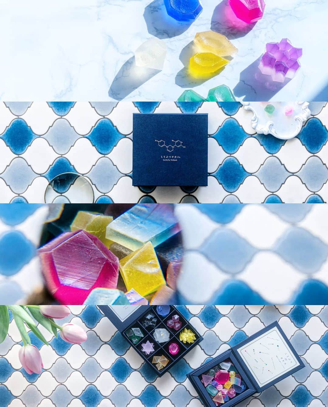 6151のインスタグラム：「食べる鉱物💎｜こうぶつヲカシ。  宝石箱を開く時の気持ち、 大人になっても全然変わらない。 むしろ大人になってからの方が ときめく気持ちを ひとつひとつ大事にできている気がする。 たぶん。  昔ながらの日本の伝統和菓子 琥珀糖で作られた 可愛い可愛い「こうぶつヲカシ」 を撮影しました。  本日発売の最新号、 GENIC 4月号「あの人たちが撮り下ろす！巷でウワサのお取り寄せ」にて 1頁担当しています。  写真はアザーカット。 本誌には撮影のこつなども掲載しています。 おいしい写真が沢山詰まっていて 読み応えたっぷりの一冊 おやつ食べたくなる🥞🍽️  書店でお見かけの際は ぜひお手に取ってご覧ください。」