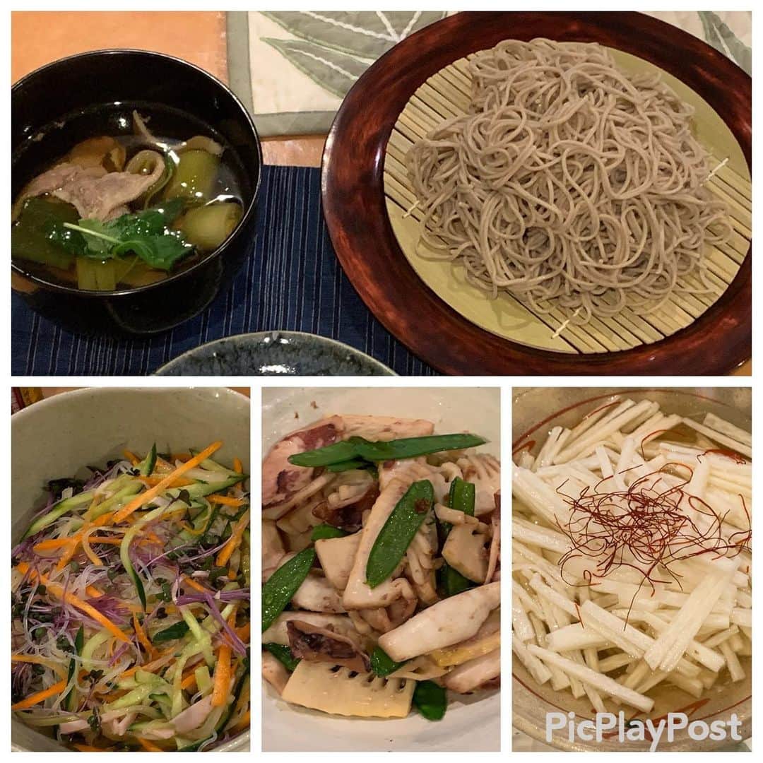 渡辺裕之のインスタグラム：「今夜の愛妻飯 鴨汁十割蕎麦 春雨サラダ 山芋 イカと筍の炒め物 愛情たっぷり 栄養満点 #おうちご飯 #愛妻ご飯  #免疫力アップ  #ご馳走さまでした」