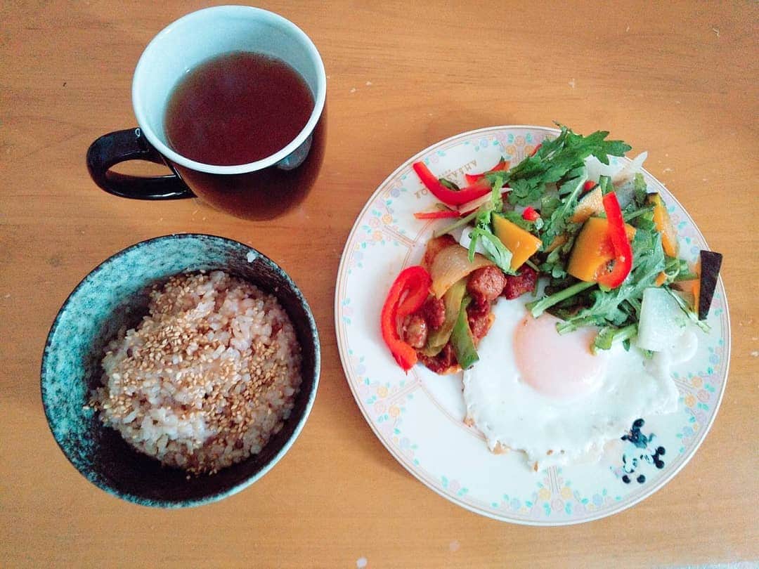郷司利也子のインスタグラム：「ある日の朝ご飯。 目玉焼き、春菊のサラダ、ラム肉と野菜の炒めもの、オニオンスープ、玄米ご飯(白ごまふりかけ)、牛乳。  前日の使いまわしですww  キノコ類と豆腐欲しかった😞  #アラフォー#ボクシング#筋トレ#ご飯#トレーニング#ダイエット#野菜」