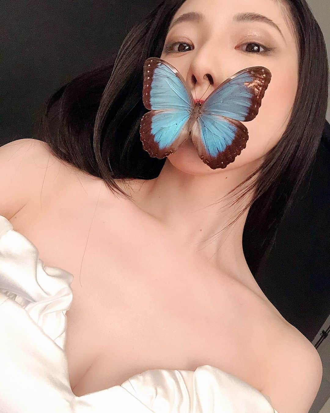 相沢梨紗のインスタグラム：「🦋 . . . #🦋 #butterfly #japan #tokyo #japanese #model #idol #weddingdress #whitedress #dressup #dress #white #photoshoot #cateye #blue」