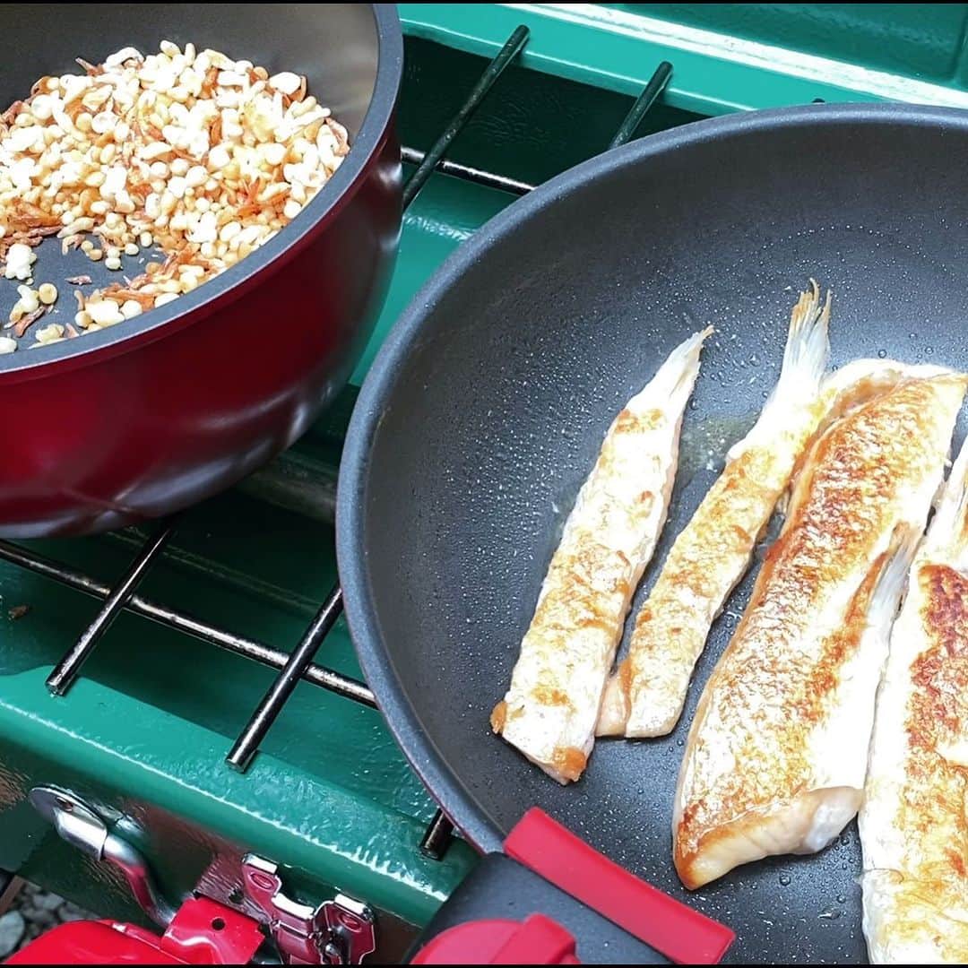 植草克秀のインスタグラム：「ハラスを焼いて、かやくご飯用に天かすと桜エビを炒る。﻿ ﻿ キャンプだけど和定食みたいな朝ごはんをこの日は用意😆﻿ ﻿ #植草克秀  #katsuhideuekusa  #キャンプ #キャンプ飯  #朝ごはん」