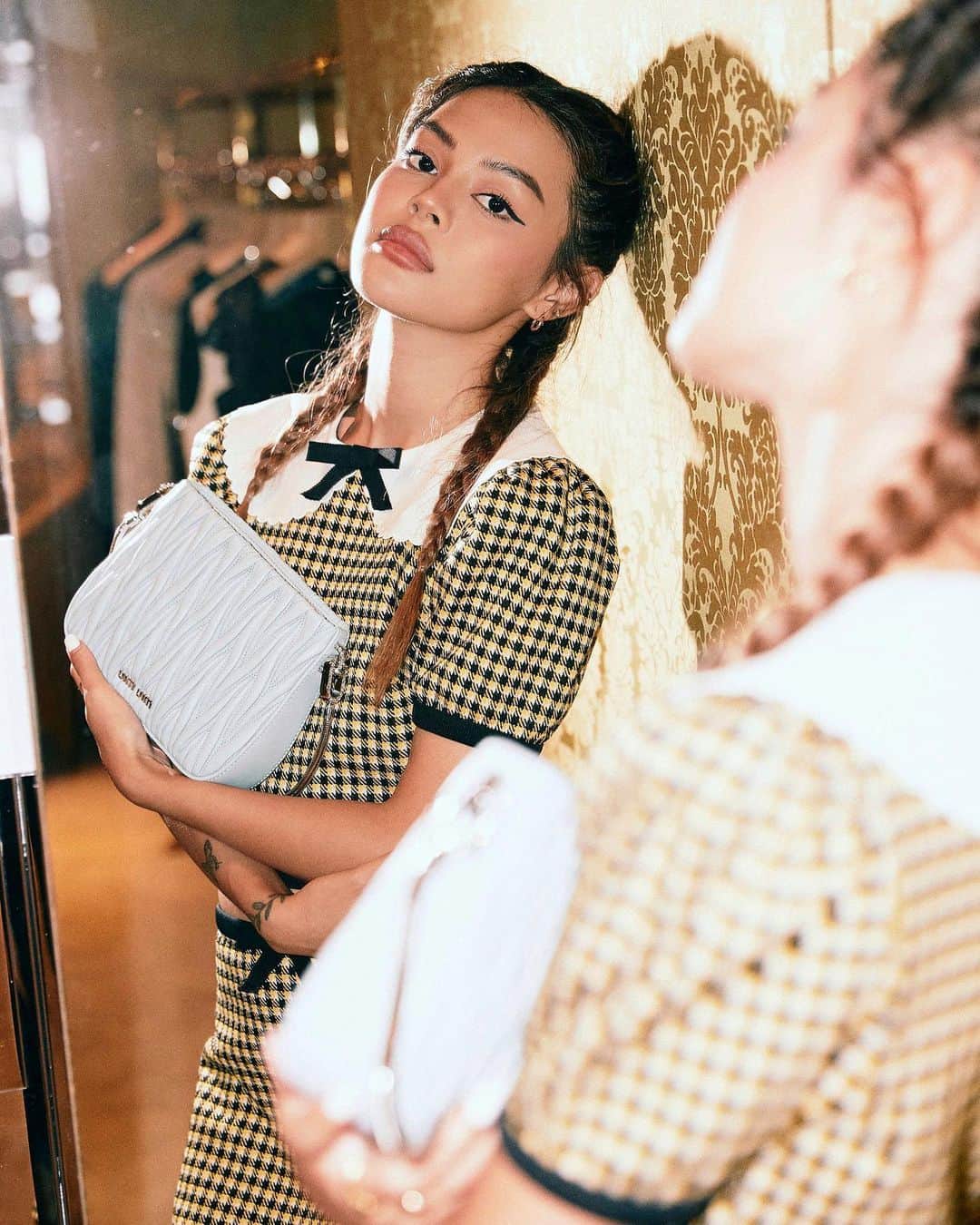 リリーマイマックのインスタグラム：「Ready for @miumiu night tonight! Shot at the store with @chrisquyen for #MiuMiuFW21 #MiuSassy #MiuMiuMountainClub」