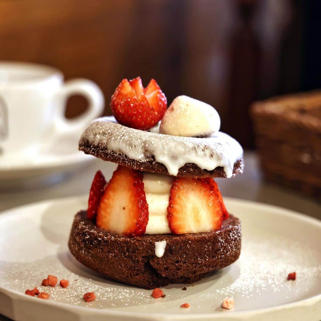 きょん。さんのインスタグラム写真 - (きょん。Instagram)「.  .  喫茶と菓子　タビノネ @tabinonekashi  いちごとチーズクリームを チョコドーナツでサンド。  字面だけ見ると なかなかにハイカロリーな 印象受けるけど、 合わせて飲んだ珈琲と 同タイミングで溶け込むくらい 軽やかなのです。  お昼も一緒に食べたらよかった、 と思ったほどに。  #タビノネ#osaka #japanesesweets」3月9日 18時21分 - kyon_tokiiro