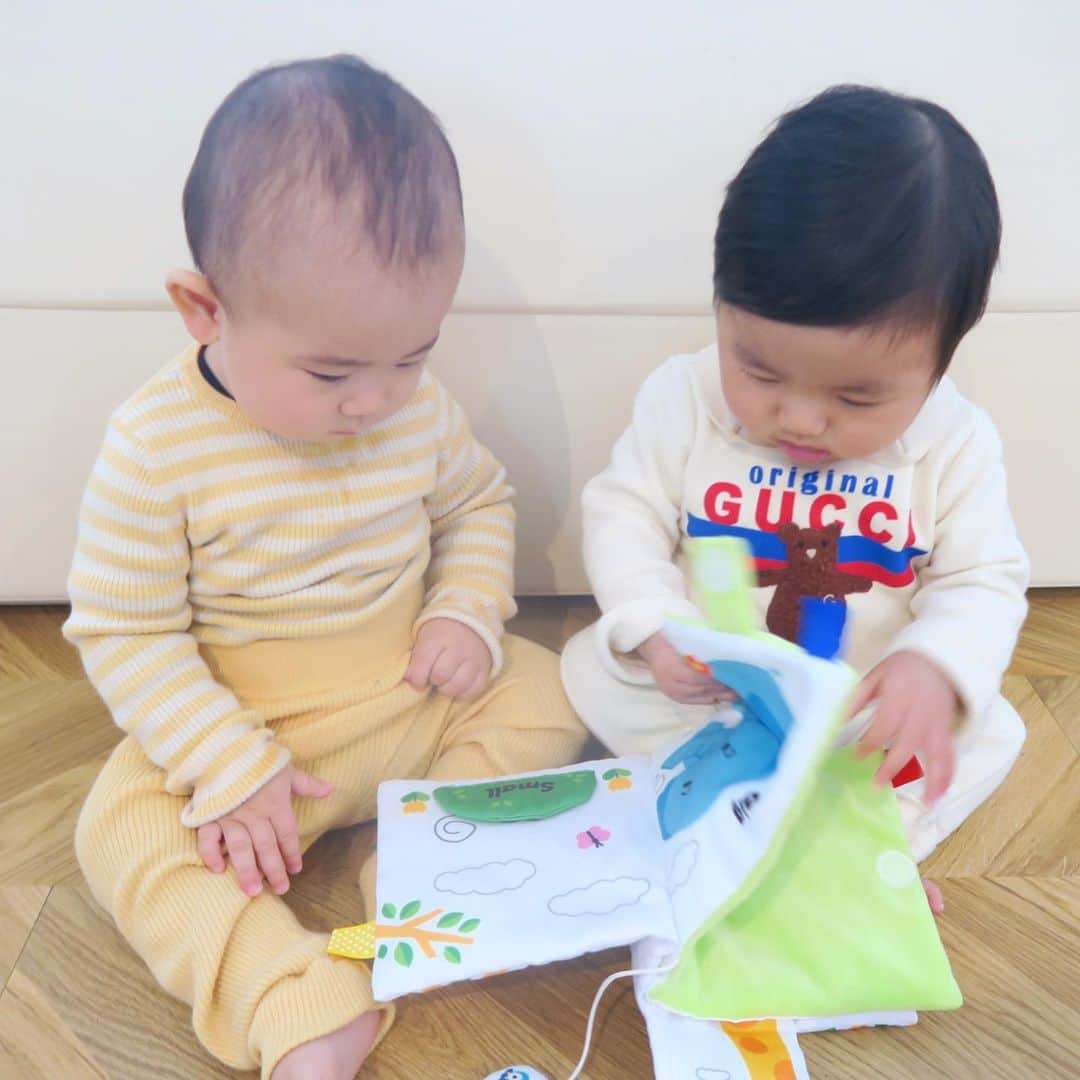 Mai Wakimizuのインスタグラム：「俺と僕、仲良く遊んでる(風)♡笑 色白のボスベイビーと色黒(完全に私の遺伝。笑)のあかんたれ。息子のgucciはボスベイビーのお下がり＼(^o^)／普段子どもと触れ合う機会が全然無い息子にとっては貴重な刺激時間でしょう♡ #俺と僕#生後7ヶ月#生後8ヶ月#男の子ベビー#babyboy」