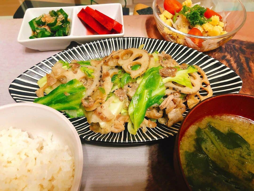 のインスタグラム：「定期更新のご飯🍚﻿ ﻿ キャベシャブとか焼肉とかは写真撮ってないけど、出来るだけちゃんと盛り付けてちゃんと並べて写真撮ってる🤤﻿ ﻿ めんどくさい時もあるからタッパのままとかもあるよ！笑﻿ ﻿ #ちゃー飯 #チャークッキング #yummy #Delicious #good #love #handmade #made #in #moana #instagram #instagohan #instafood #ご飯」