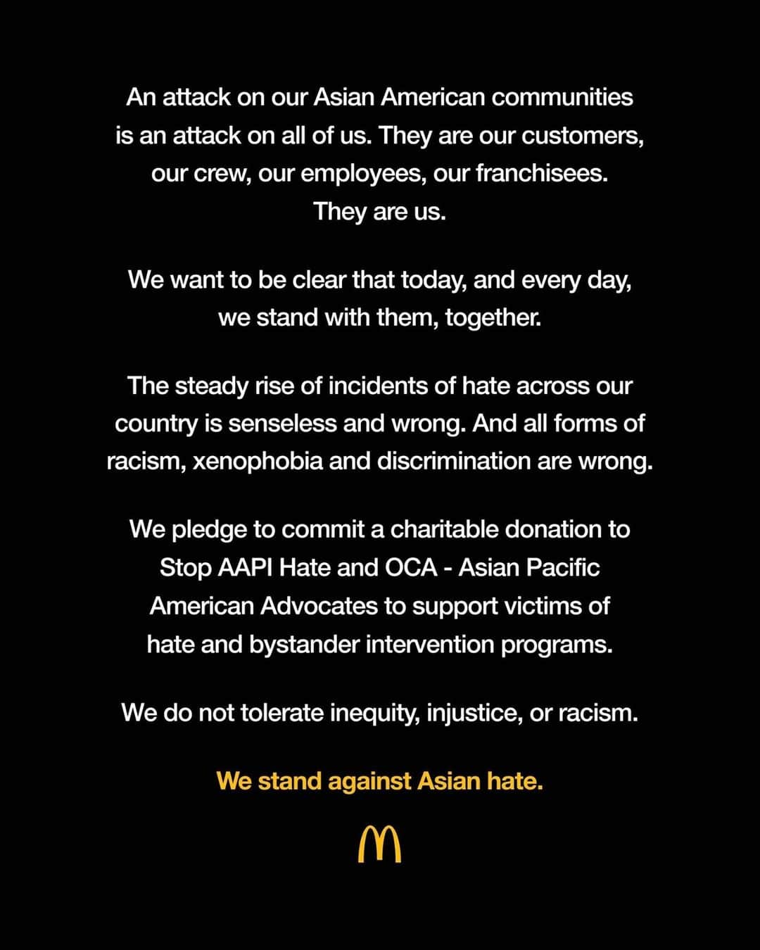 マクドナルドさんのインスタグラム写真 - (マクドナルドInstagram)「We stand against Asian hate.」3月10日 2時13分 - mcdonalds