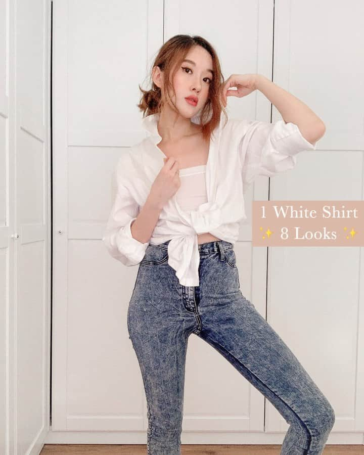 ジェシカ・ヤマダのインスタグラム：「1 WHITE SHIRT 👉 8 LOOKS ✨⁣ Which style would you like to try? 👀⁣ ⁣ Sesekali mamma bebes ootd-an lagi, kali ini pinjem kemeja Ant 😂🥼 Oya Look ke-3 itu kemejanya dibalik ya. 🙈⁣ ⁣ #jesswears #boyfriendshirt #jesshacks」