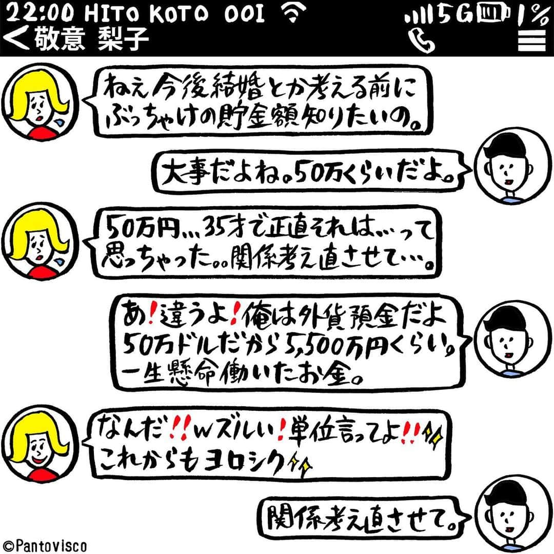 pantoviscoのインスタグラム：「「50万」 #女性の気持ちもわかるけど年齢と貯金をディスるのは良くない #人にはそれぞれ事情がある #LINEシリーズ  #1コマファンタジー #1コマ漫画 #絵 #イラスト #シュール #アート #マンガ #コミュニケーション #スクショ #reels #まんが #コミック#漫画 #LINEスタンプ #わかる#あるある#切ない#彼氏#彼女#カップル#思いやり#外貨預金#外貨貯金#為替#貯蓄#貯金#年収」