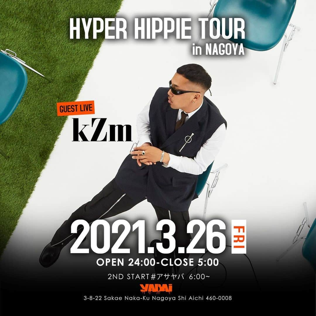 CLUB O NAGOYA(クラブオーナゴヤ)のインスタグラム：「#ヤバイナゴヤ HYPER HAPPIE TOUR in NAGOYA SPECIAL GUEST 【kZm】@kzm9393 ・ OPEN 24:00 - CLOSE 05:00 2ND START #アサヤバ 06:00-LAST ・ Address: 中区栄3丁目8−22 Nagoya-shi, Aichi, Japan ・ #アサヤバ #YABAI_NAGOYA #YABAI #のもーよ #カモンヌ #東海最大級HIPHOPCLUB」