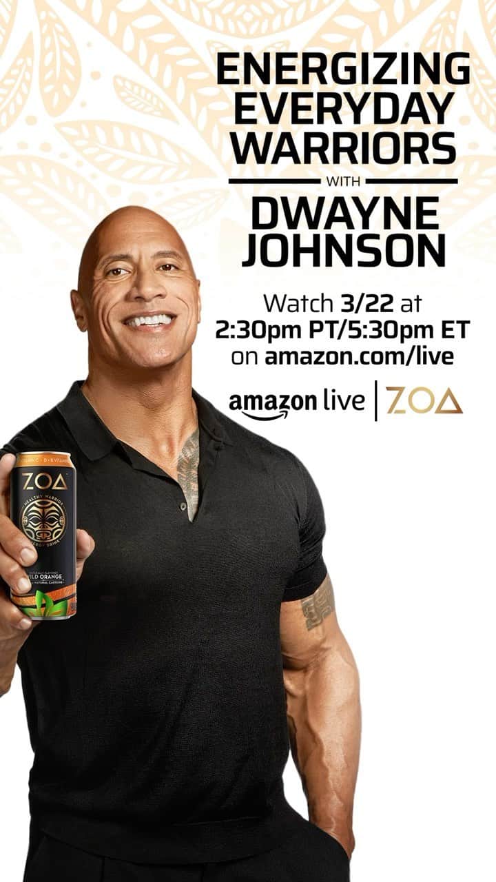 ドウェイン・ジョンソンのインスタグラム：「THIS MONDAY, MARCH 22nd ZOA ENERGY will be available in ALL FLAVORS on AMAZON!!   Then on the same day at 2:30 PT/5:30 EST on March 22nd, I’ll GO LIVE on @AmazonLive answering all your ZOA questions!!   Then the fun continues as I’ll throw my Amazon uniform on, jump in my Amazon delivery truck and deliver ZOA myself to all my Everyday Warriors!!   Big mahalo to my brother @jeffbezos for throwing me the truck keys on this one - I’ll take good care of all my people!!   See you MONDAY and let’s have some fun!   #ZOA #AmazonLIVE #DJTheDeliveryMan 🛻📦 💯」