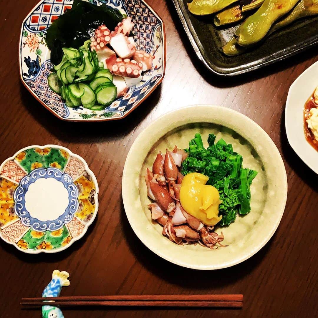 志摩有子さんのインスタグラム写真 - (志摩有子Instagram)「帰宅してすぐ、鞘ごとのそら豆をオーブンに放り込み、その間にきゅうりをスライサーで薄切りにして軽く塩、菜の花を茹でて水に取り、蛍烏賊の目を取る。合わせ酢と酢味噌を作ってそれぞれに。副菜完成に20分。 せっかくの鰻ですもの。日本酒と楽しみたい。  #副菜の鬼 #酢の物 #ぬた」3月18日 21時12分 - ariko418