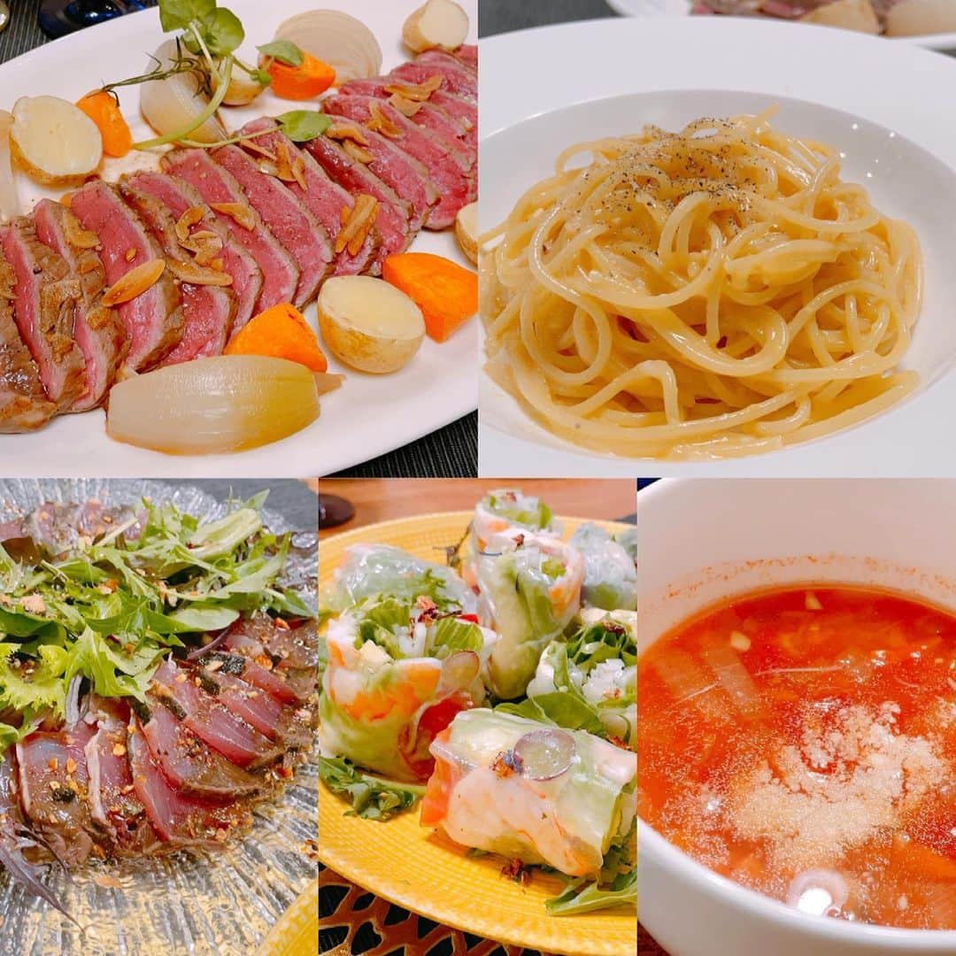 金子貴俊のインスタグラム：「妻の誕生日祝いに一生懸命ディナーを作りました🍽 ローストビーフ、カルボナーラ 鰹のカルパッチョ、生春巻き、ミネストローネ。喜んでもらえたからよかった(^^)  #妻を祝福 #妻の誕生日」