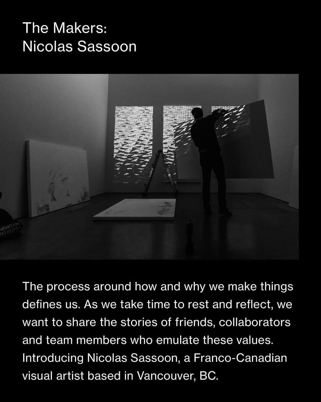 ウィングスアンドホーンズさんのインスタグラム写真 - (ウィングスアンドホーンズInstagram)「The Makers · Nicolas Sassoon  The process around how and why we make things defines us. As we take time to rest and reflect, we want to share the stories of friends, collaborators and team members who emulate these values. Introducing Nicolas Sassoon, a Franco-Canadian visual artist based in Vancouver, BC.  Fixated on early computer graphics and imaging techniques, Sassoon uses rudimentary software and his abstract design language, to create hypnotic digital animations. For SS19, we collaborated on a limited capsule collection featuring freeze-frame graphics from Storm 36, Sassoon's animated rendering of Vancouver’s inclement weather as he observed it through the window of his studio.  At the intersection of the natural world and technology, the Storm 36 series explores the relationship between pixelated computer patterns, textile fabrication and the motion of the human body. Utilising a moiré technique, two images overlap to create the illusion of a third — reminiscent of the way two yarns may be woven or knit to create a finished textile. On body, elements of physical motion amplify the effect and produce a trance-like sensation, an original intention in Sassoon's work.  As graphic application on apparel fabrics, Storm 36 is presented in a newly altered state on a new physical canvas; pausing the moving image to be observed at a single moment in time.  #wingsandhorns #themakers」3月19日 23時40分 - wingsandhorns