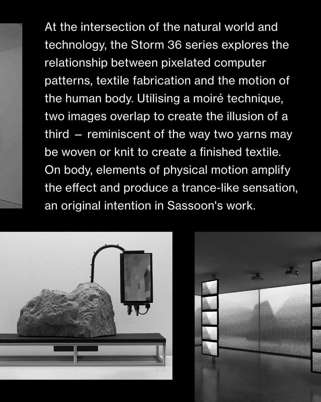 ウィングスアンドホーンズさんのインスタグラム写真 - (ウィングスアンドホーンズInstagram)「The Makers · Nicolas Sassoon  The process around how and why we make things defines us. As we take time to rest and reflect, we want to share the stories of friends, collaborators and team members who emulate these values. Introducing Nicolas Sassoon, a Franco-Canadian visual artist based in Vancouver, BC.  Fixated on early computer graphics and imaging techniques, Sassoon uses rudimentary software and his abstract design language, to create hypnotic digital animations. For SS19, we collaborated on a limited capsule collection featuring freeze-frame graphics from Storm 36, Sassoon's animated rendering of Vancouver’s inclement weather as he observed it through the window of his studio.  At the intersection of the natural world and technology, the Storm 36 series explores the relationship between pixelated computer patterns, textile fabrication and the motion of the human body. Utilising a moiré technique, two images overlap to create the illusion of a third — reminiscent of the way two yarns may be woven or knit to create a finished textile. On body, elements of physical motion amplify the effect and produce a trance-like sensation, an original intention in Sassoon's work.  As graphic application on apparel fabrics, Storm 36 is presented in a newly altered state on a new physical canvas; pausing the moving image to be observed at a single moment in time.  #wingsandhorns #themakers」3月19日 23時40分 - wingsandhorns