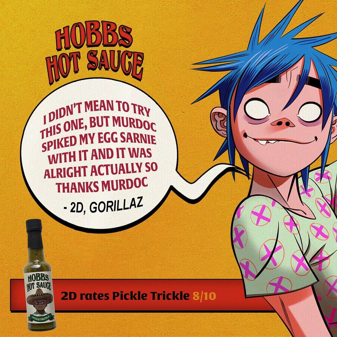Gorillazさんのインスタグラム写真 - (GorillazInstagram)「2D vs Pickle Trickle 🍳🥒🌶 What's your favourite #HobbsHotSauce ?」3月20日 3時53分 - gorillaz