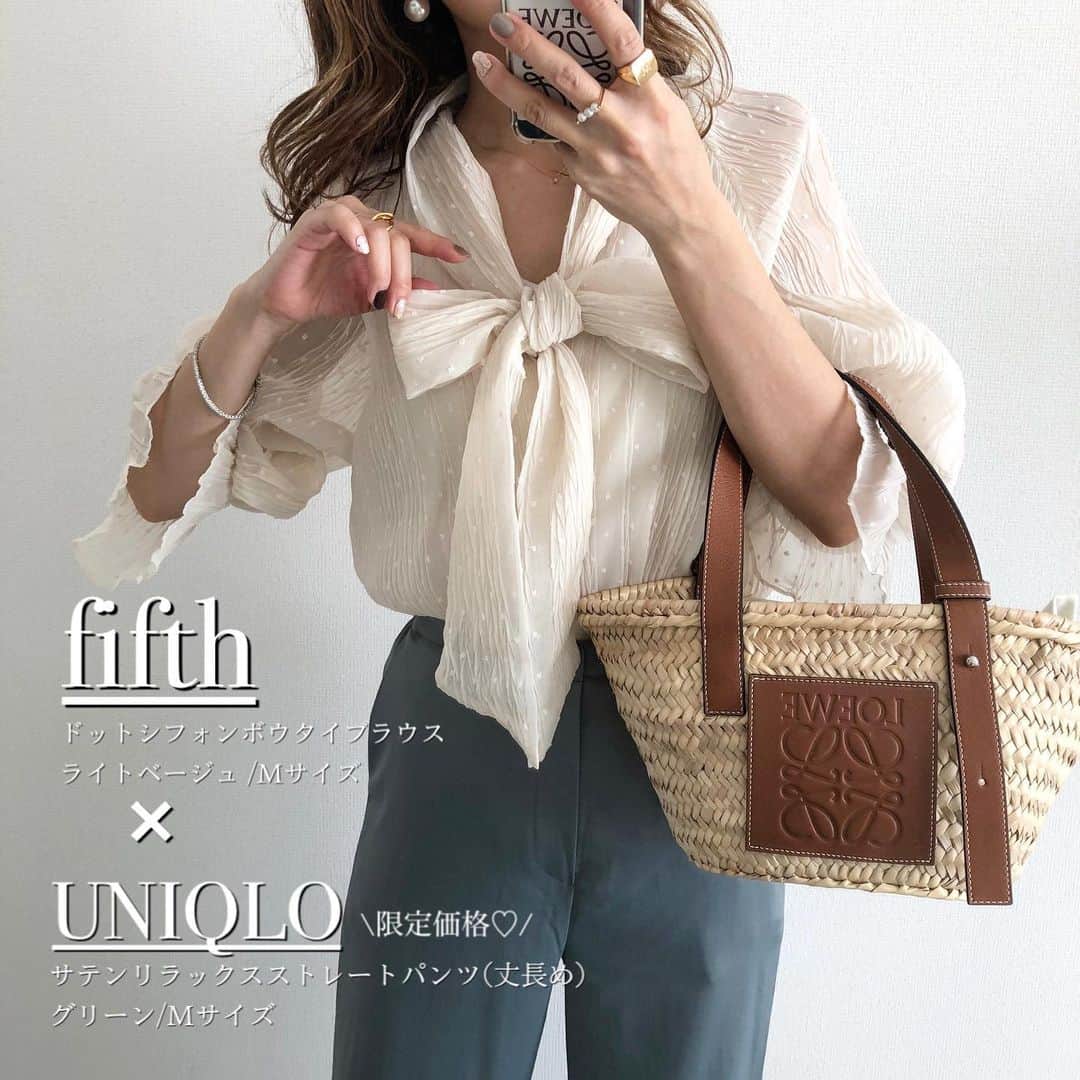 Miyoのインスタグラム：「【fifth×UNIQLO】﻿ ﻿ ▷▷▷スワイプ﻿ ﻿ ボウタイデザインが可愛いブラウス🎀﻿ ボリューミーな袖もポイント♡﻿ ﻿ デニムと合わせてカジュアルにも着れます🥰﻿ 今回はサテンパンツと♡﻿ ﻿ ﻿ ﻿ #ドットシフォンボウタイブラウス …#fifth#fifthtl#フィフス @fifth_store﻿ インナー…#UNIQLO﻿ #サテンリラックスストレートパンツ …#ユニクロ﻿ ローファー・パンプス…#ZARA﻿ バッグ…#loewe#ロエベ﻿ ﻿ ﻿ ﻿ ﻿ #フェミニン#ブラウス#高身長コーデ#かごバッグ#春コーデ#ユニクロコーデ#ザラコーデ#ザラジョ#ザラジョコーデ#ママコーデ#ママファッション#プチプラコーデ#プチプラファッション#シンプルコーデ#カジュアルコーデ#大人カジュアル#きれいめカジュアル#きれいめコーデ﻿ ﻿ ﻿ ﻿ ﻿ ﻿」