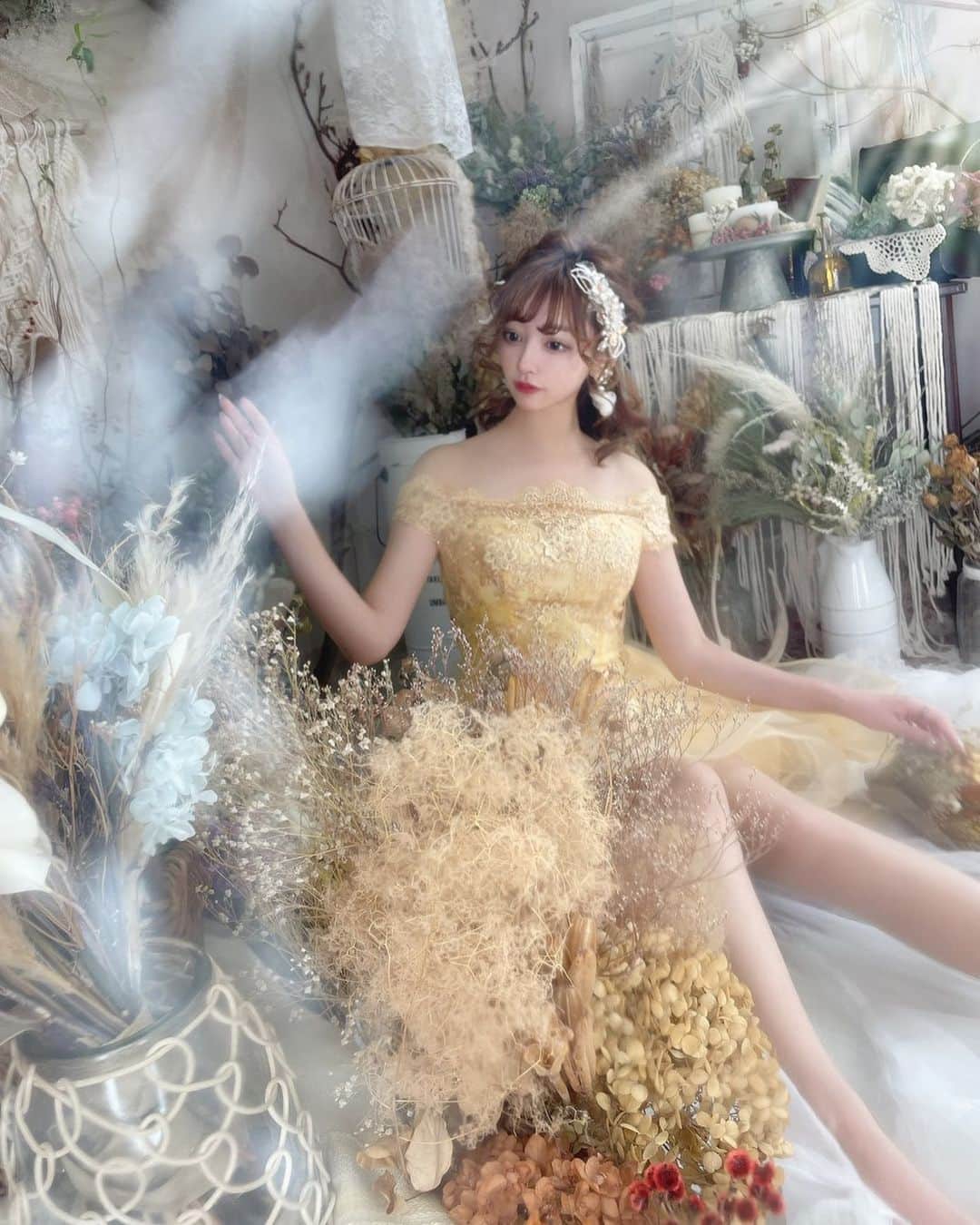 堀井大輔のインスタグラム：「・ ・ ドールまやや🐰✨ ・ 角度替えるとまた違った背景に。 ・ このフォトブース6月までの予定。 7月、フォトブースリニューアルします。 次はなににしよう🙄 次はパンパスグラス、流木多めにしようかな ・ こちらのフォトブース、レンタル開始してます。 ご予約はDMにお願いいたします。 ・ ウェディングドレスレンタル ヘアアクセサリー、ブーケレンタル 一眼レフカメラレンタル できます。 ・ ・ 𝑚𝑜𝑑𝑒𝑙 @flor__ra_1  ℎ𝑎𝑖𝑟/𝑝ℎ𝑜𝑡𝑜 @daisuke_5511  ℎ𝑎𝑖𝑟 𝑎𝑐𝑐𝑒𝑠𝑠𝑜𝑟𝑦 @cerise_and_  ・ ・ #ホリーマジック #ホリージョ撮影 #エモージョ #ホリージョ #エモさ #クラウンヘアー #天白区 #名古屋 #ヘアセット#セット#ヘアアレンジ #プレ花嫁 #作品撮り #ウェディングドレス #2021秋婚 #2021春婚 #2021夏婚 #全国のプレ花嫁さんと繋がりたい #ウェディングニュース #コテ巻き #巻き髪 #ゼクシィ2021 #アップスタイル #おだんご #編みおろし #プラコレ ￼ 	◦」