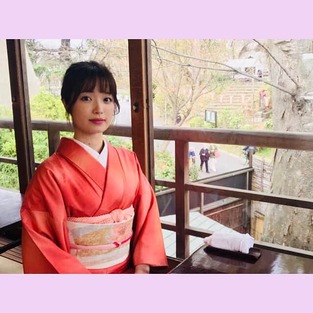 恒吉梨絵のインスタグラム：「今日は姉に着付けてもらい上野まで行って来ました。  何度か訪れている韻松亭でこの季節の御前をいただきました🌸 とてもボリュームがあり、更に日本酒まで頼んでしまいました🍶✨ 座席からは桜が見えて、楽しく贅沢な時間を過ごしました！！  今回は名古屋帯のお太鼓結びでした👘  #上野公園#韻松亭#着物#kimono#桜」