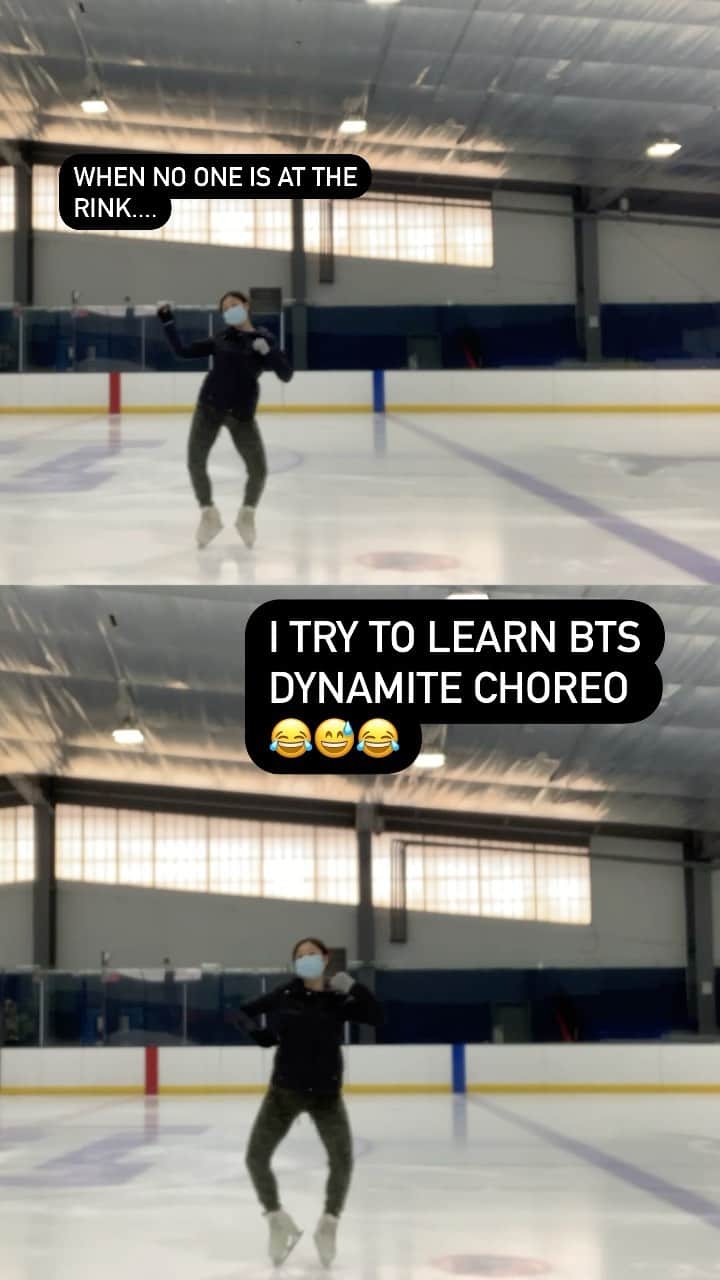 長洲未来のインスタグラム：「Instead of singing in the shower, I pretend I can dance at the rink when I’m by myself. 😂😂😂😂 #bts #dynamite」