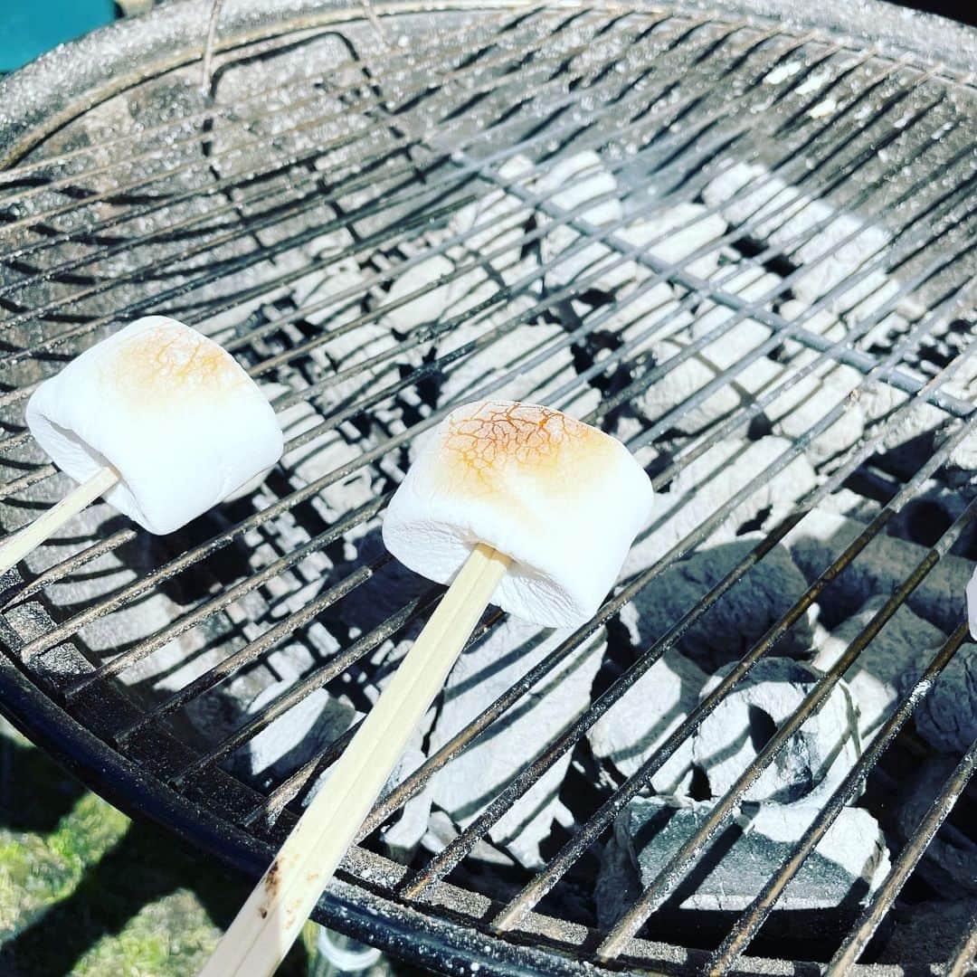 ギャル曽根のインスタグラム：「BBQの焼きマシュマロってなんであんなに美味しいんだろう。 デザートのマシュマロにずっとワクワクしちゃってる35歳。 #子供より真剣になる大人。 #マシュマロ #強火よりじっくり時間をかけて焼くと中トロトロになります。」
