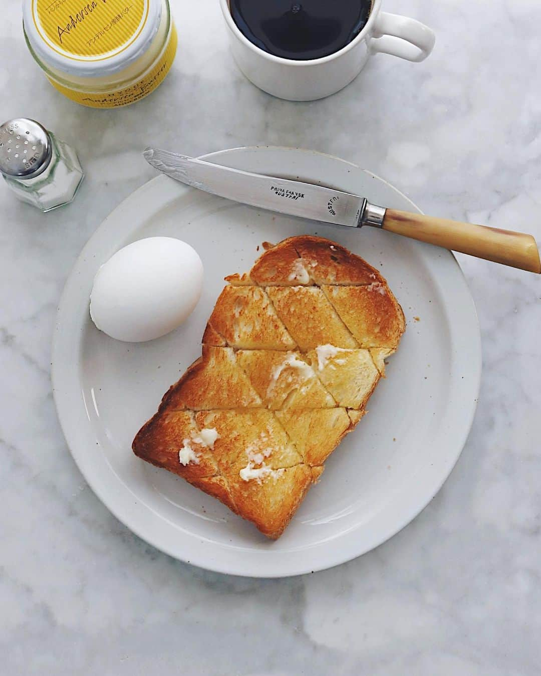 樋口正樹さんのインスタグラム写真 - (樋口正樹Instagram)「🍞 🥚 ☕️ . 今朝はトーストにバター、 ゆで卵１個、＆コーヒー😋 . ２枚目は今朝のボナさん。 朝のブラッシング、強め。 グルグルの音をどうぞー。 長いけどオチはないです😅 . . #モーニングセット #イギリスパン #バタートースト #発酵バター #アンデルセン #アンデルセンイギリス #andersen #toast #morningset」3月30日 8時14分 - higuccini