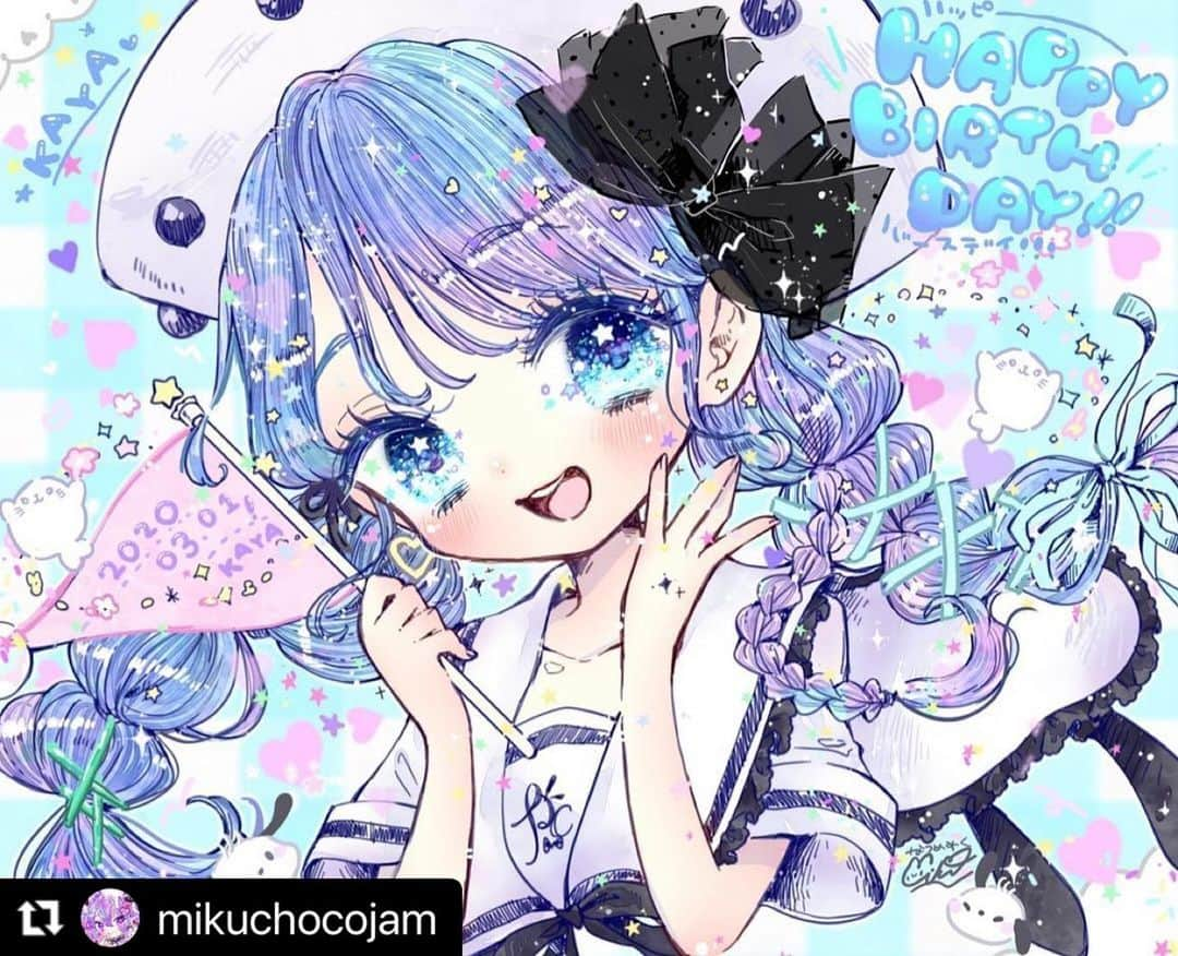 奥野香耶さんのインスタグラム写真 - (奥野香耶Instagram)「夏芽みくさん🎀(@mikuchocojam ) が描いてくださったイラスト、リポストさせていただきました📮✨ ・ ・ ポチャッコ♡かやたんのらぶらぶバースデーPARTY夜の部の衣装と髪型♡♡♡ かわいすぎて本当にお気に入りです💓 ありがとうございます~🤍💙🤍💙 ・ #夏芽みく さん♡　#なつめみく さん♡ #イラスト #ゆめかわいい #きらきら #illustration #illust #art #ilustagram #girlsillustration #manga #anime #kawaii #yumekawaii #pastelart #fancy #blue #일러스트 #일러스트그램 #일러스트레이션 #일러스트레이터 #귀엽다그램 #귀엽다💕」3月30日 11時27分 - _kayarea_