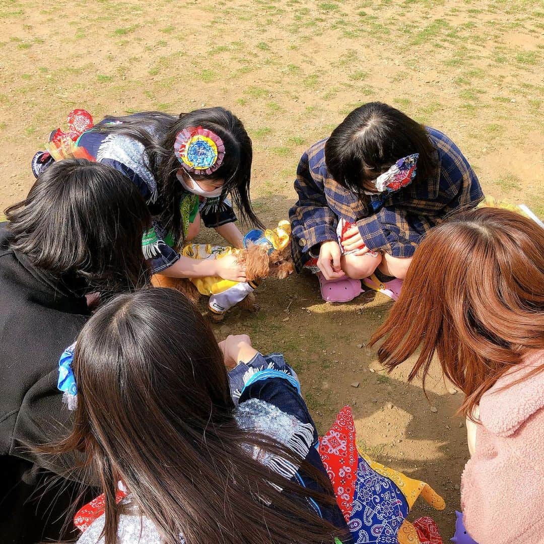 小島夕佳のインスタグラム：「撮影時にお散歩中のわんこに出会い戯れるメンバーたち🐶  𓐄 𓐄 𓐄 𓐄 𓐄 𓐄 𓐄 𓐄 𓐄 𓐄 𓐄 𓐄 𓐄 𓐄 𓐄 𓐄 𓐄 𓐄 𓐄 𓐄 𓐄 𓐄 𓐄 𓐄 𓐄 𓐄 𓐄 𓐄 𓐄 𓐄  前回の投稿の答え合わせ Ａ.友里ちゃんとわたし でした〜  毎日違うメイクを楽しんでるみたいで素敵っ ヘアスタイルもとても似合ってる◎ ネイルもセルフでやってるんだってꪔ̤̥⑅女子力」
