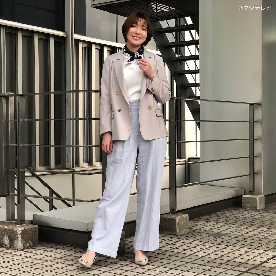 フジテレビ「めざましテレビ」さんのインスタグラム写真 - (フジテレビ「めざましテレビ」Instagram)「4月1日（木）  ファッション雑誌CanCamとコラボした お天気コーナー「きょう何着て行く？」 阿部華也子の毎日のコーデを紹介♪  【きょうのコーデ】 ジャケット→#YECCAVECCA 1万6500円 プルオーバー→#NOSTALGIA 3190円 パンツ→#Isn‘tShe？ 7700円 靴→#ダイアナ 1万5400円 スカーフ→#バナナリパブリック 3490円 イヤリング→#アビステ 8800円  【コーデのポイント】 ジャケット×ワイドパンツのきちんとスタイル🙌 かっちりしすぎないように透明感のあるパステル調で 優しくまとめるのがおしゃれ見えのコツです💃✨ スカーフやバックル付きパンプスなど 遊びのある小物使いも今っぽさを後押し👠  #めざましテレビ #きょう何着て行く？ #阿部華也子 #今日のコーデ#コーデ#CanCam #今日のファッション#ootd #きょう何着て行く？は月〜金朝6時22分ごろ放送📺 #スタイリストたなべさおり」4月1日 23時22分 - mezamashi.tv