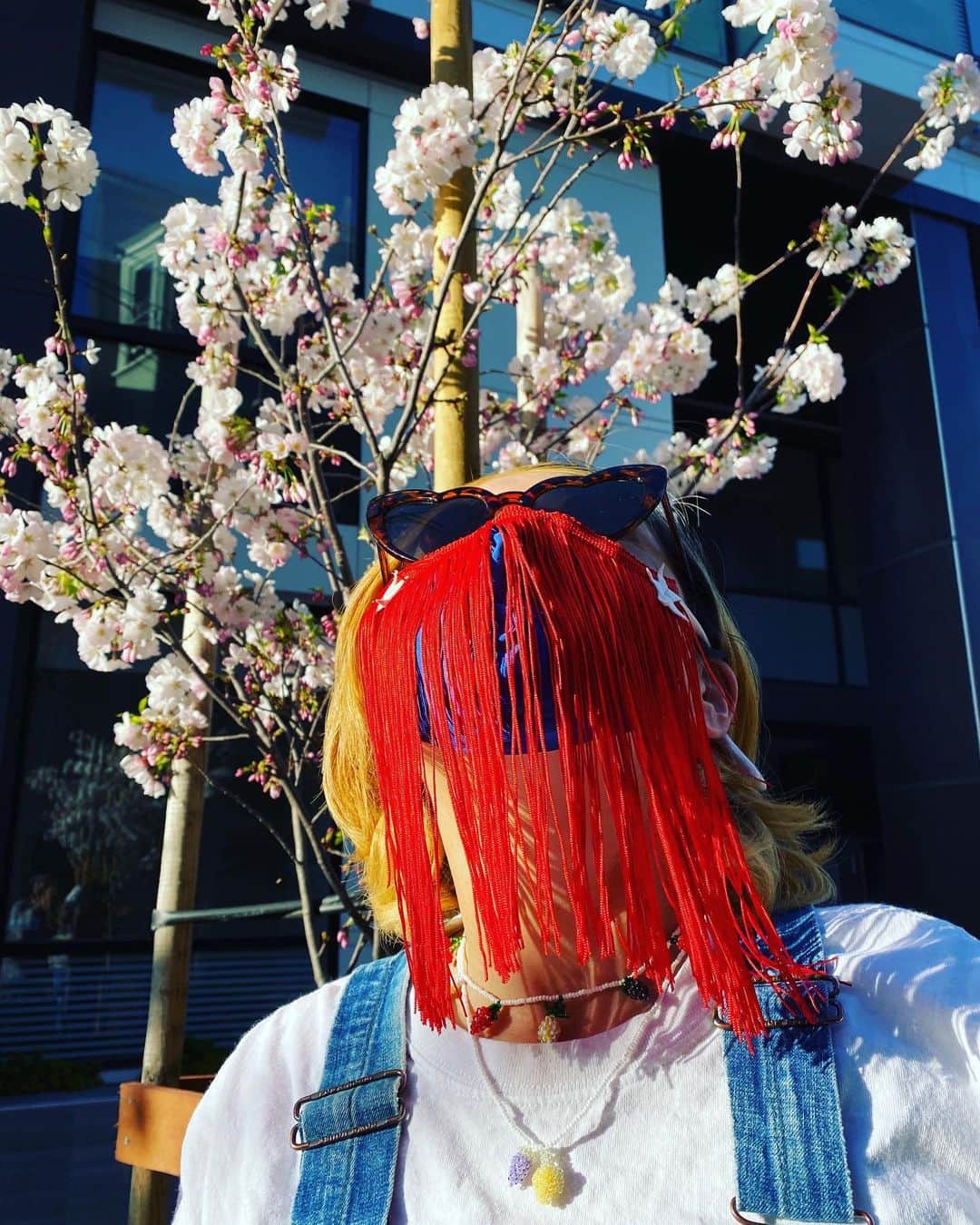 野沢直子さんのインスタグラム写真 - (野沢直子Instagram)「日本よりは桜🌸が少ない。 でも、サンフランシスコの桜🌸 そして、誕生日にもらったPura utz のフルーツのネックレス❤️❤️❤️ 春ね😃 上向かないと、マスクのフリンジでネックレスが見えないのよ🤣🤣 #purautz #purautzjewelry」4月2日 1時47分 - naoko.nozawa