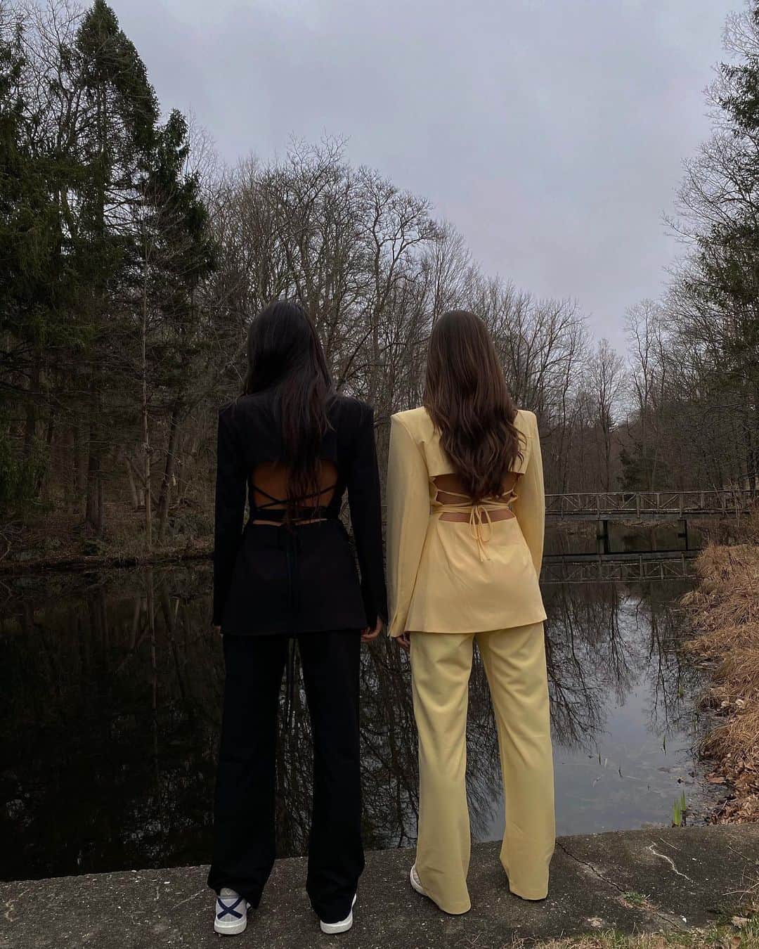 We Wore Whatのインスタグラム：「Not your typical suit. New @daniellebernstein dropping 04.08 • cutout blazer with elongated ties and high rise trousers in buttermilk and black 🖤 more on stories」